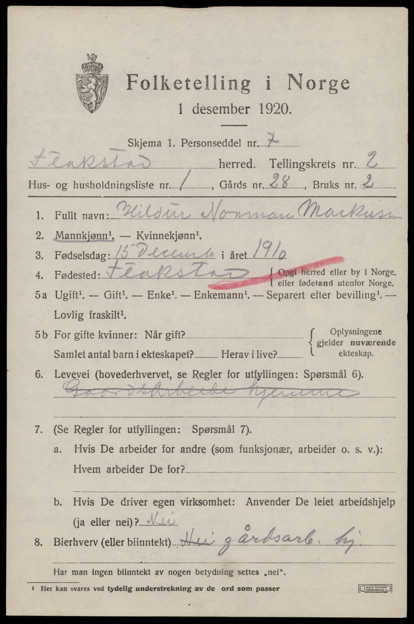 SAT, 1920 census for Flakstad, 1920, p. 1229