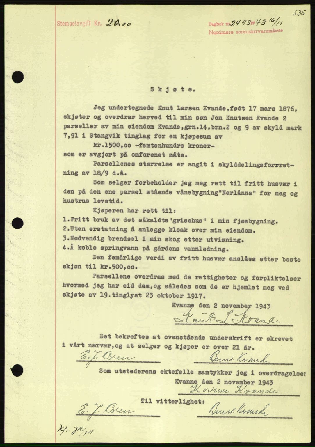 Nordmøre sorenskriveri, SAT/A-4132/1/2/2Ca: Mortgage book no. A96, 1943-1944, Diary no: : 2493/1943