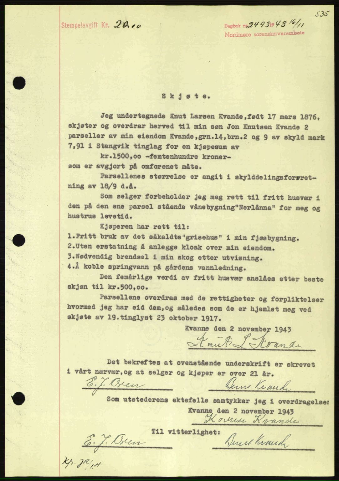 Nordmøre sorenskriveri, AV/SAT-A-4132/1/2/2Ca: Mortgage book no. A96, 1943-1944, Diary no: : 2493/1943