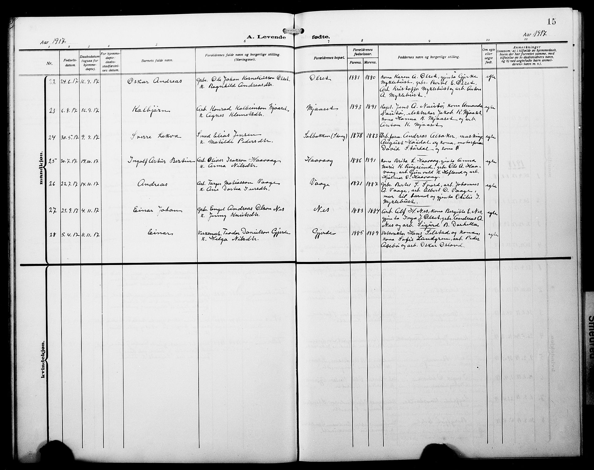 Askvoll sokneprestembete, AV/SAB-A-79501/H/Hab/Haba/L0004: Parish register (copy) no. A 4, 1913-1929, p. 15