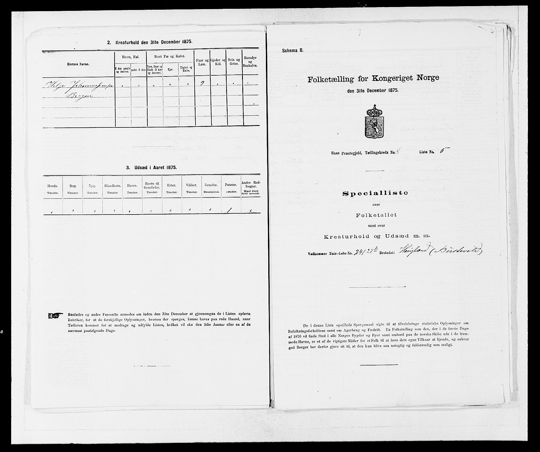 SAB, 1875 census for 1250P Haus, 1875, p. 872