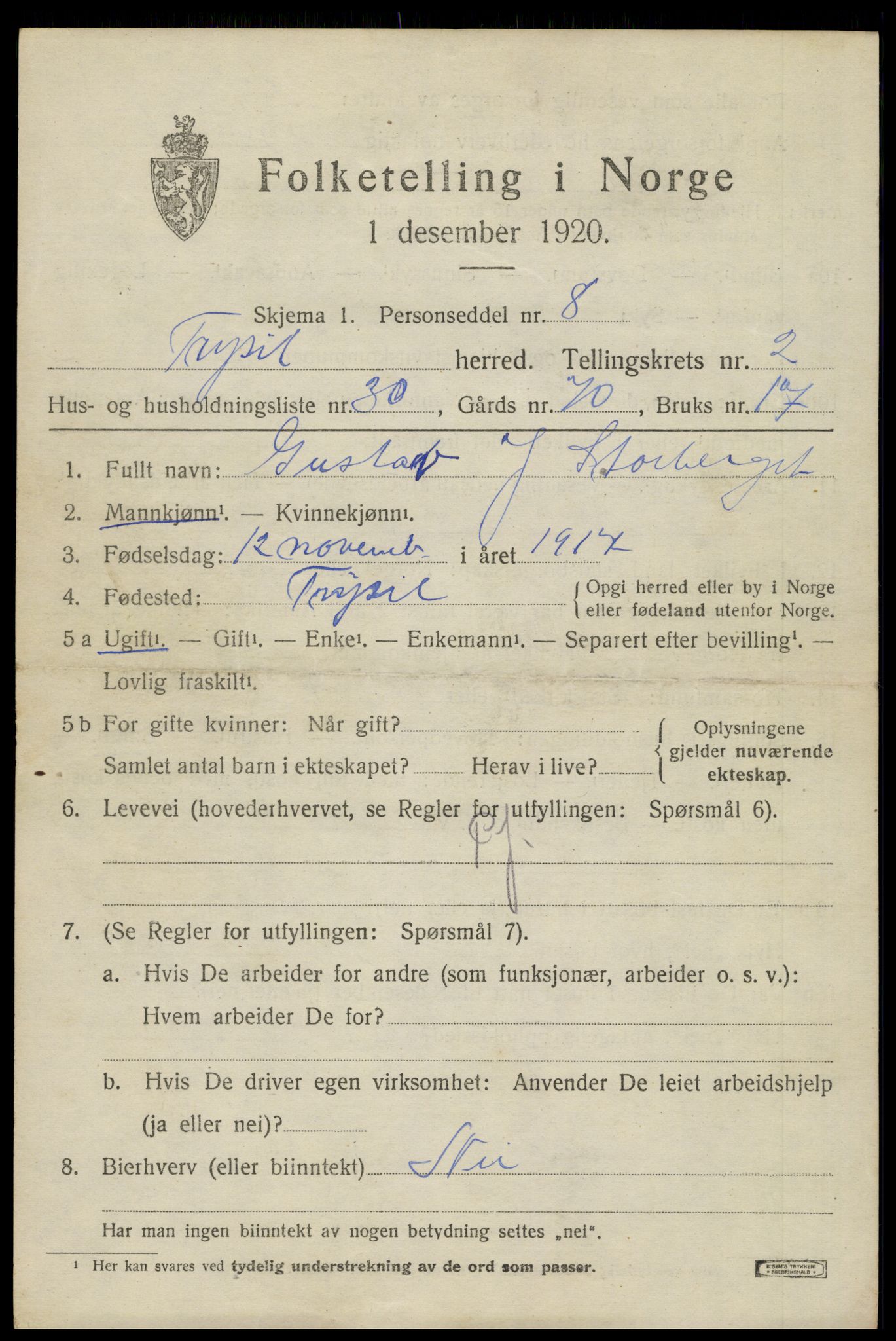 SAH, 1920 census for Trysil, 1920, p. 3457