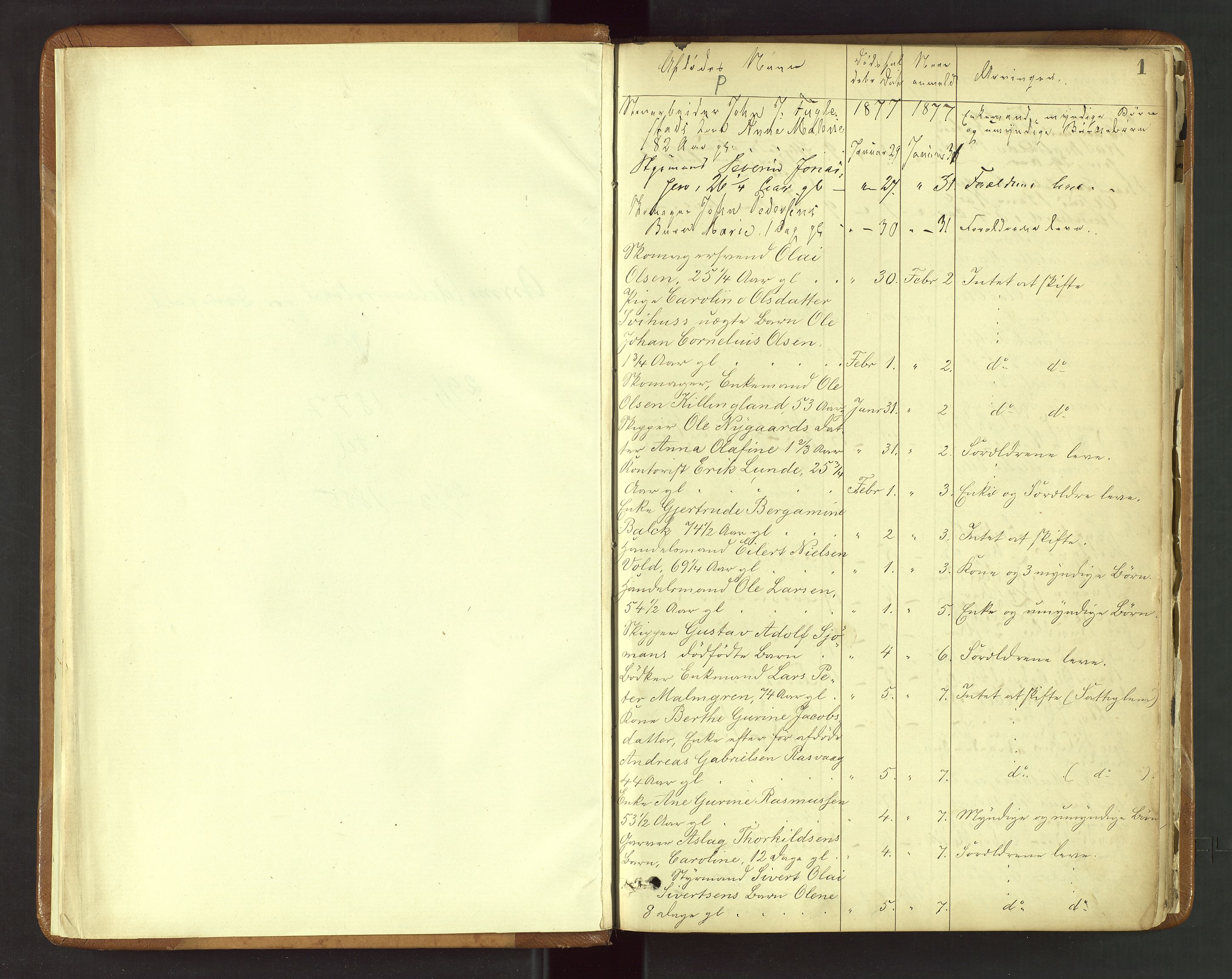 Stavanger byfogd, AV/SAST-A-101408/001/5/52/52B/L0003: Liste over anmeldte dødsfall, 1877-1885, p. 1