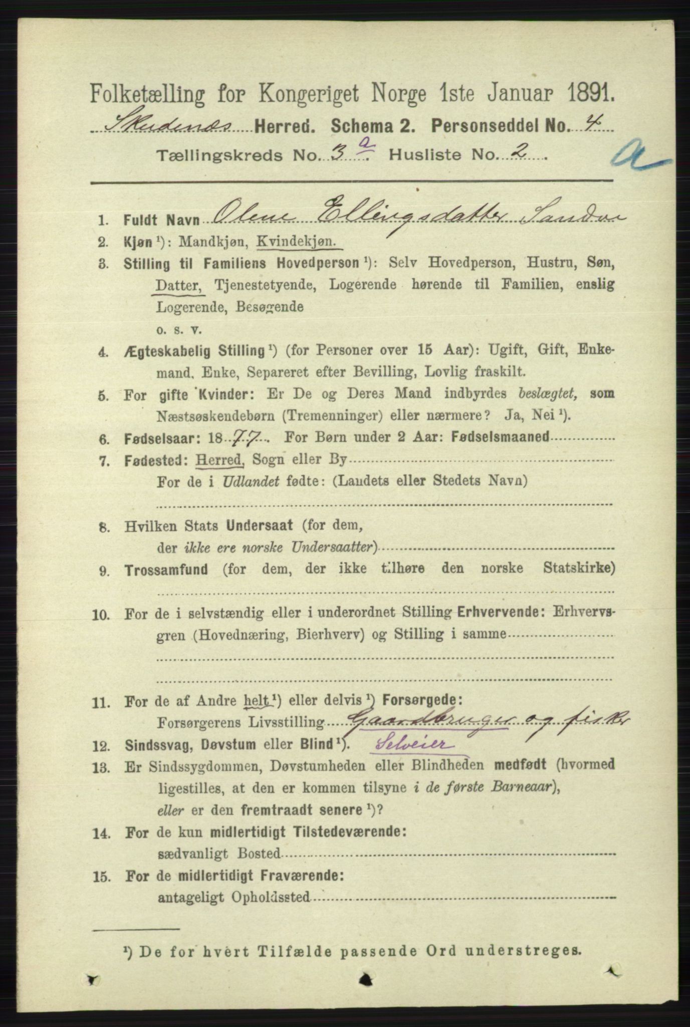 RA, 1891 census for 1150 Skudenes, 1891, p. 1385