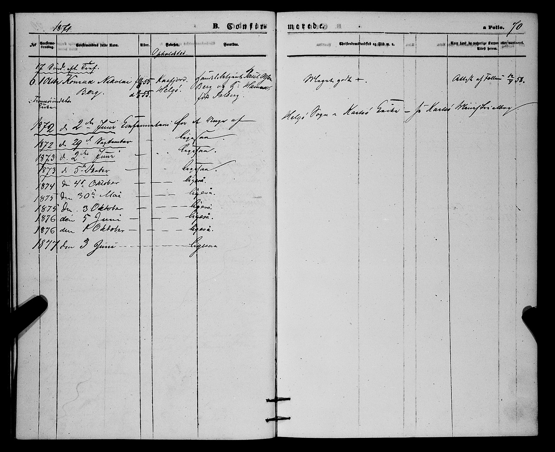 Karlsøy sokneprestembete, AV/SATØ-S-1299/H/Ha/Haa/L0010kirke: Parish register (official) no. 10, 1867-1878, p. 70