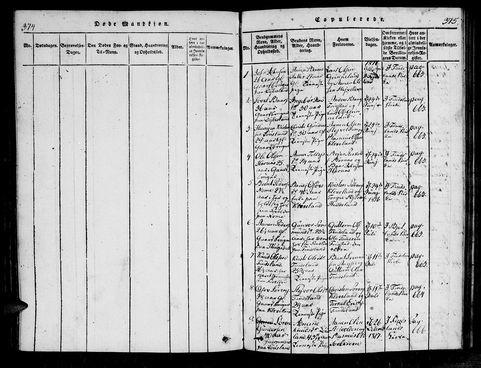 Bjelland sokneprestkontor, SAK/1111-0005/F/Fa/Fab/L0002: Parish register (official) no. A 2, 1816-1869, p. 374-375