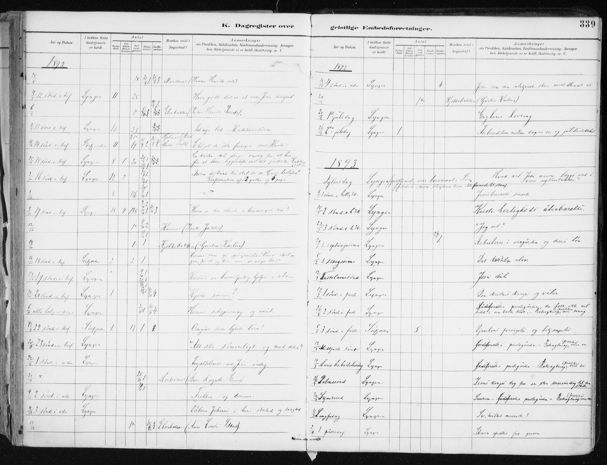 Lyngen sokneprestembete, AV/SATØ-S-1289/H/He/Hea/L0008kirke: Parish register (official) no. 8, 1891-1902, p. 339