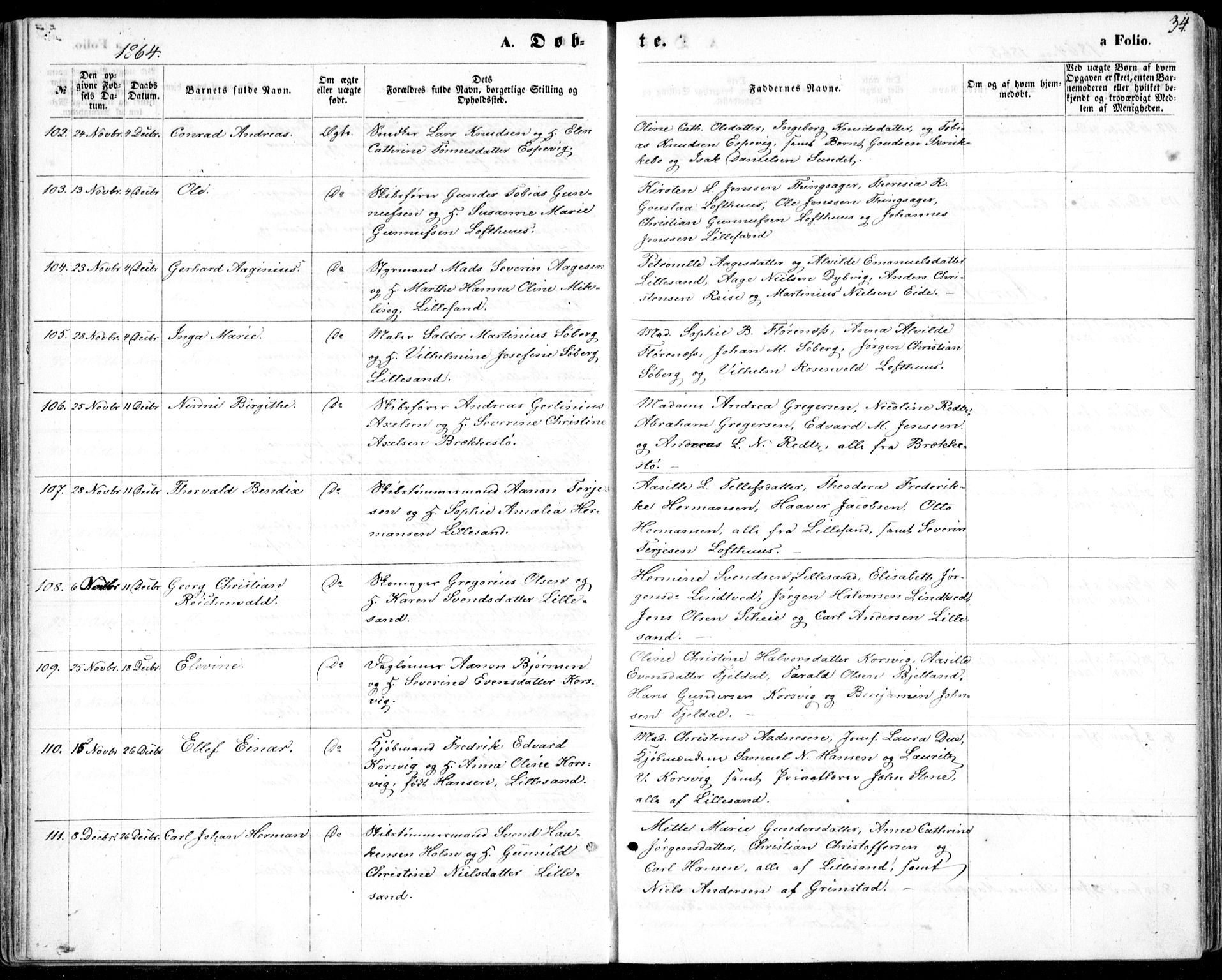 Vestre Moland sokneprestkontor, AV/SAK-1111-0046/F/Fb/Fbb/L0004: Parish register (copy) no. B 4, 1861-1872, p. 34