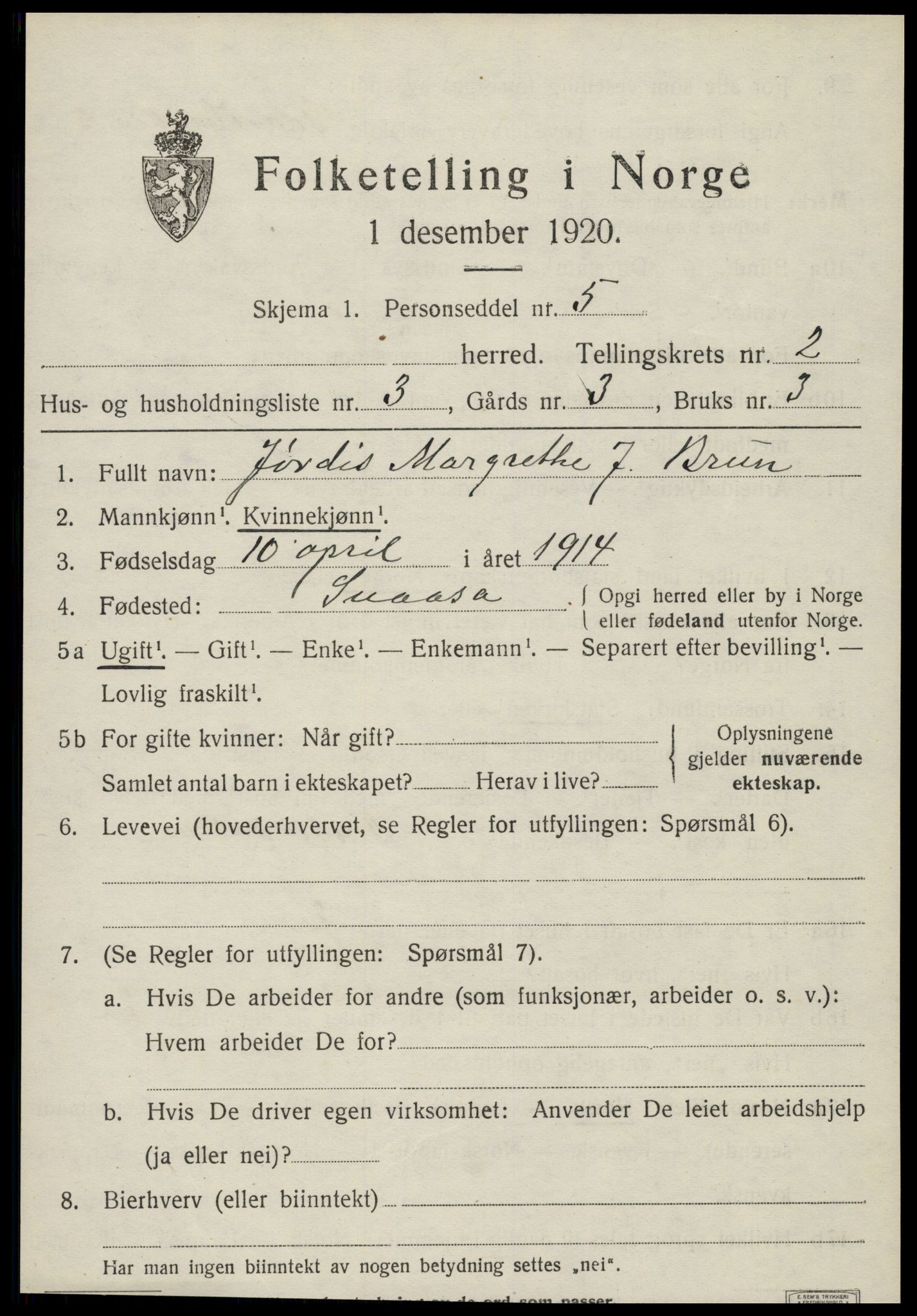 SAT, 1920 census for Snåsa, 1920, p. 1220