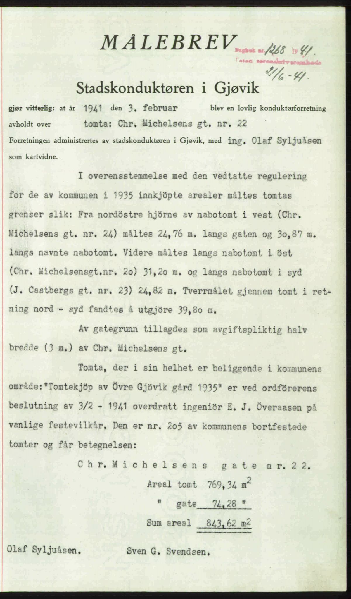 Toten tingrett, SAH/TING-006/H/Hb/Hbc/L0008: Mortgage book no. Hbc-08, 1941-1941, Diary no: : 1268/1941