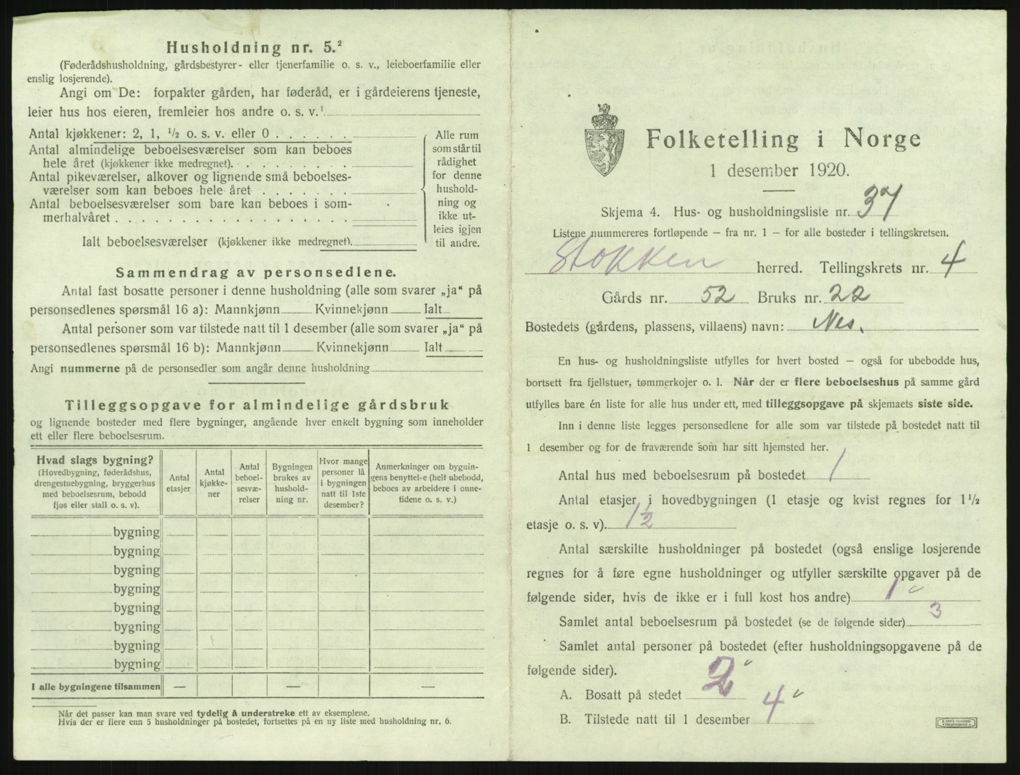 SAK, 1920 census for Stokken, 1920, p. 450