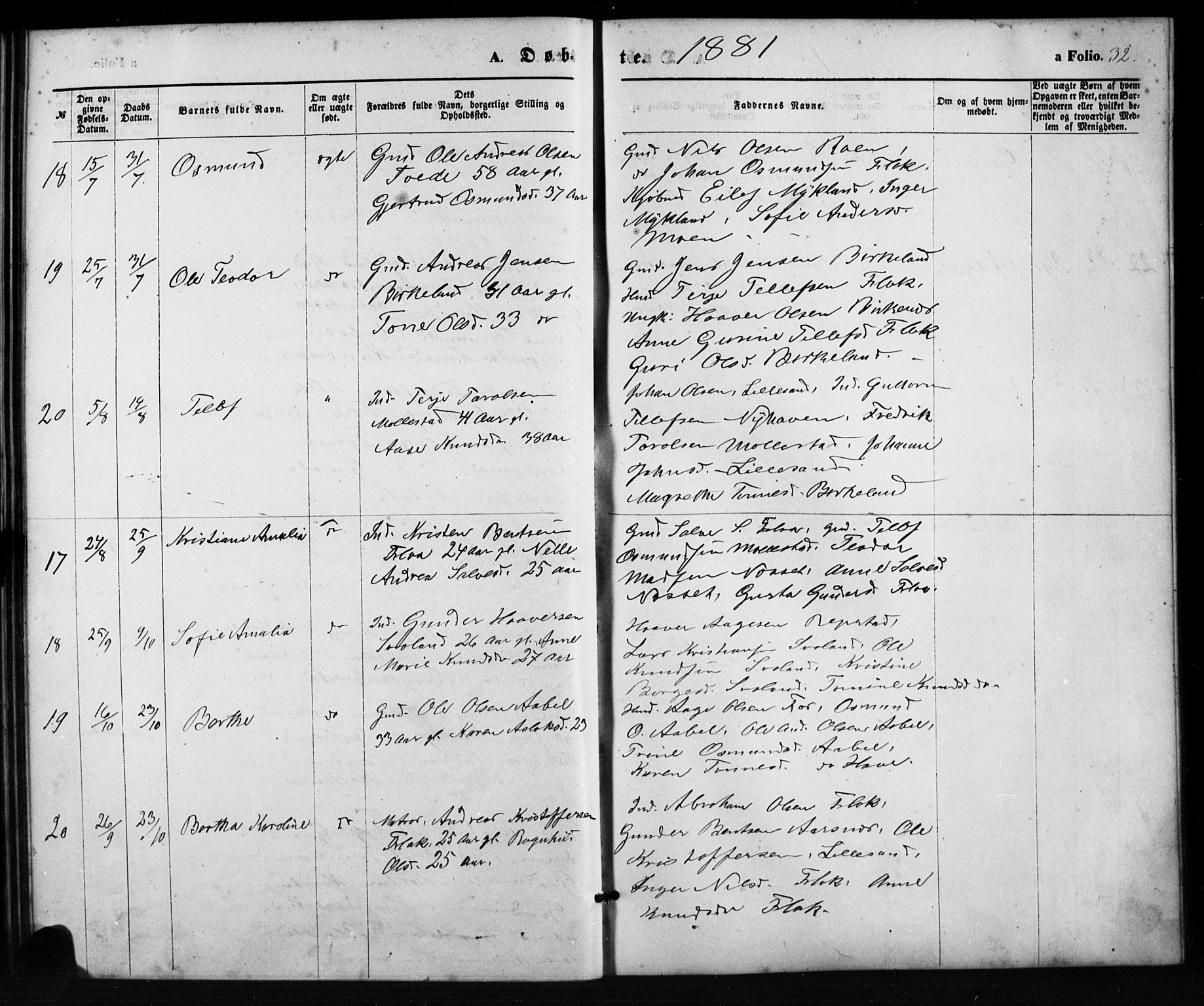 Birkenes sokneprestkontor, SAK/1111-0004/F/Fb/L0003: Parish register (copy) no. B 3, 1876-1892, p. 32