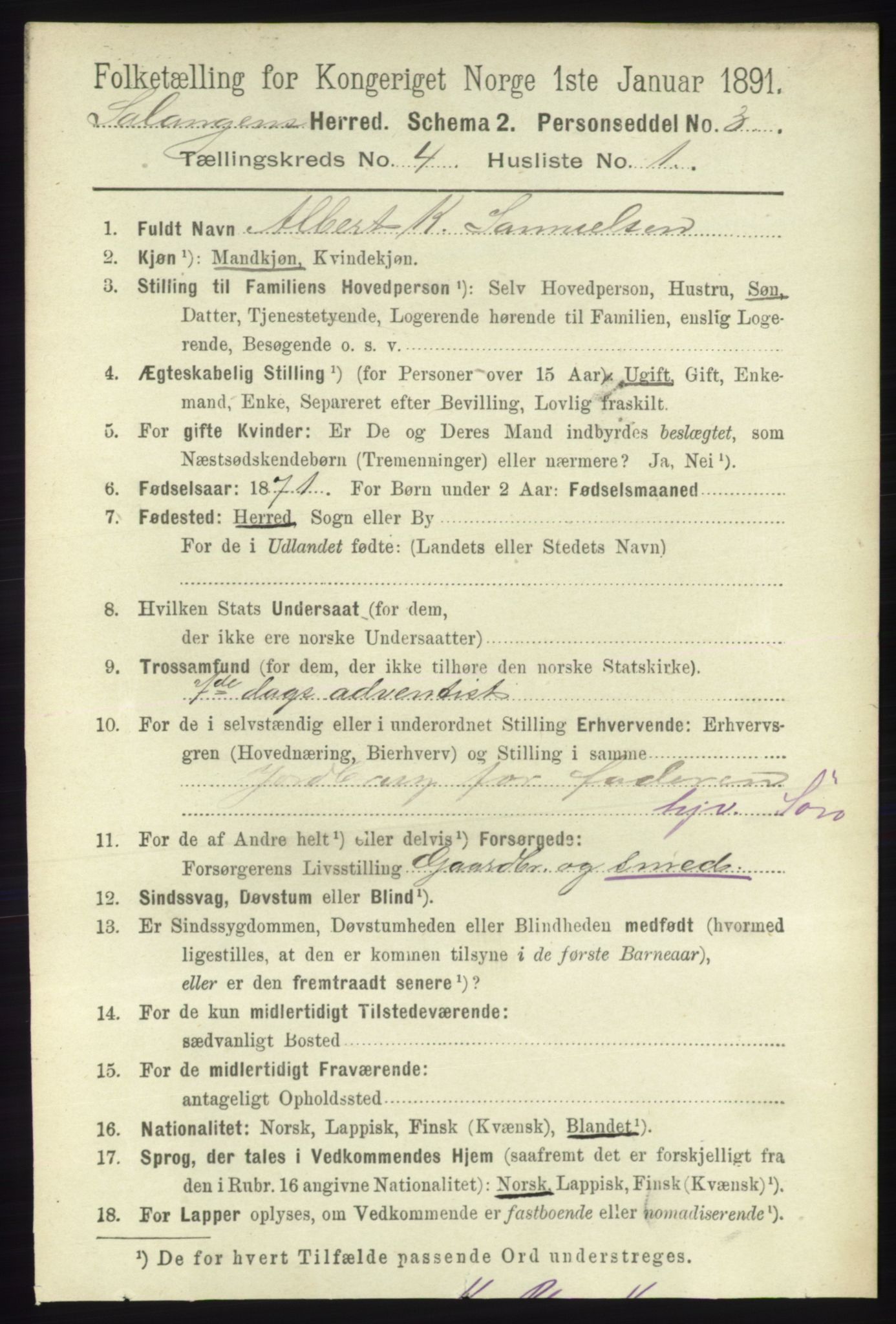 RA, 1891 census for 1921 Salangen, 1891, p. 1832