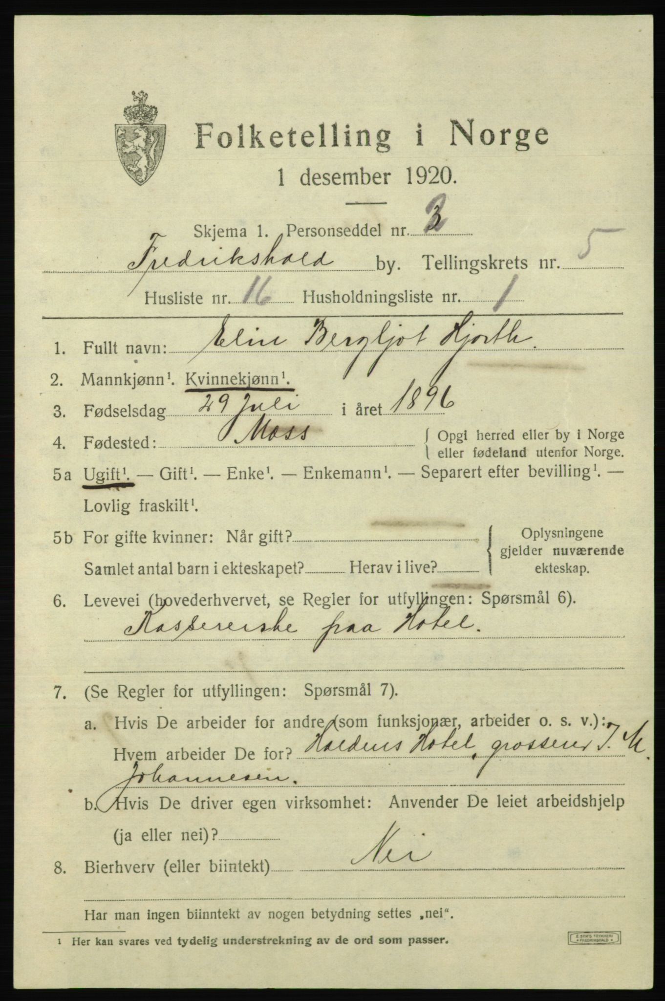 SAO, 1920 census for Fredrikshald, 1920, p. 12323