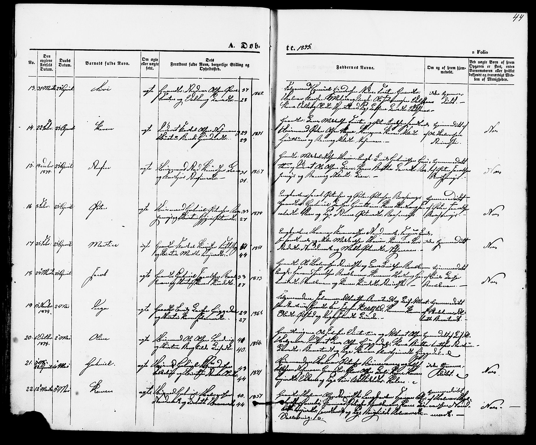 Suldal sokneprestkontor, AV/SAST-A-101845/01/IV/L0010: Parish register (official) no. A 10, 1869-1878, p. 44