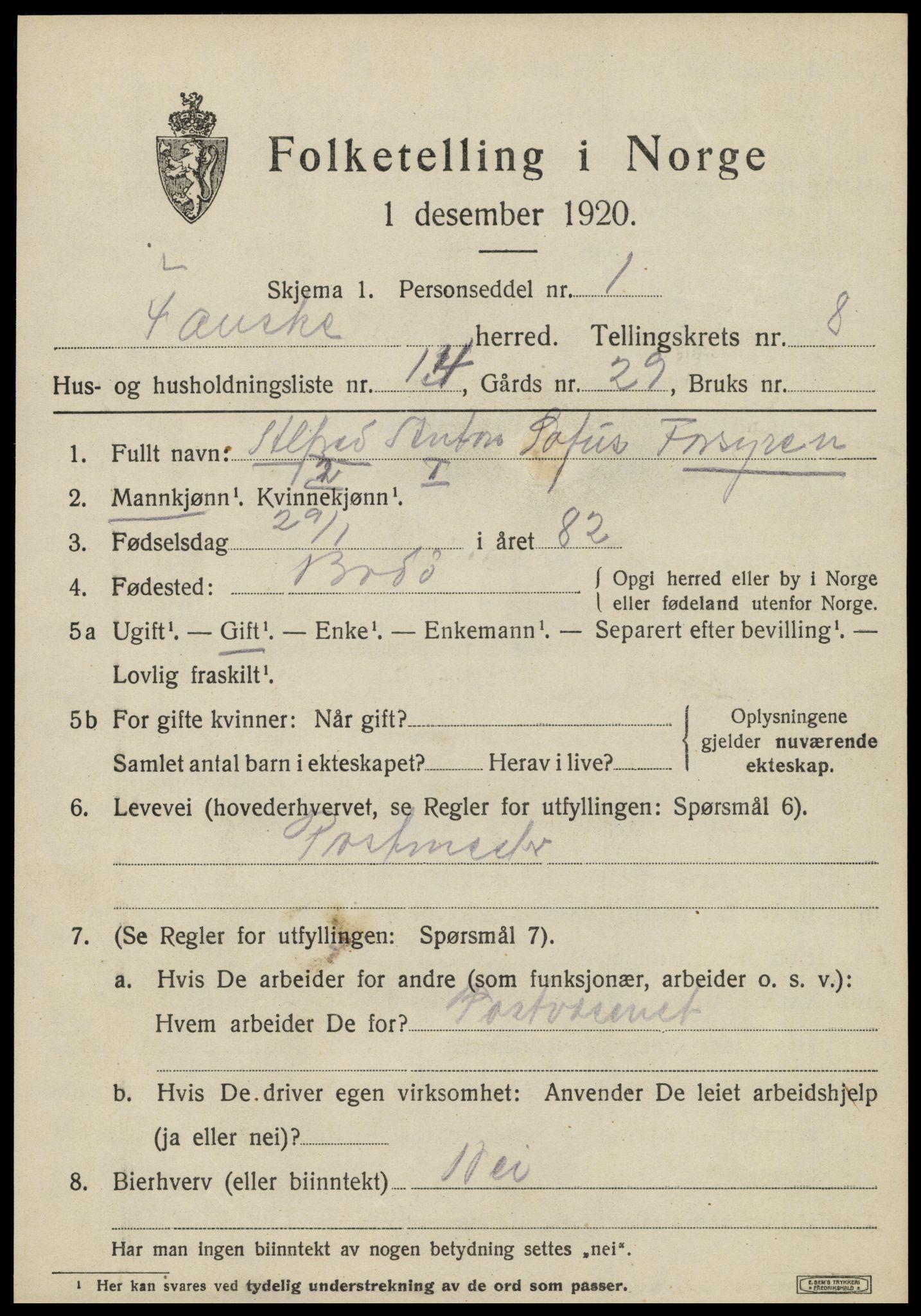 SAT, 1920 census for Fauske, 1920, p. 6452