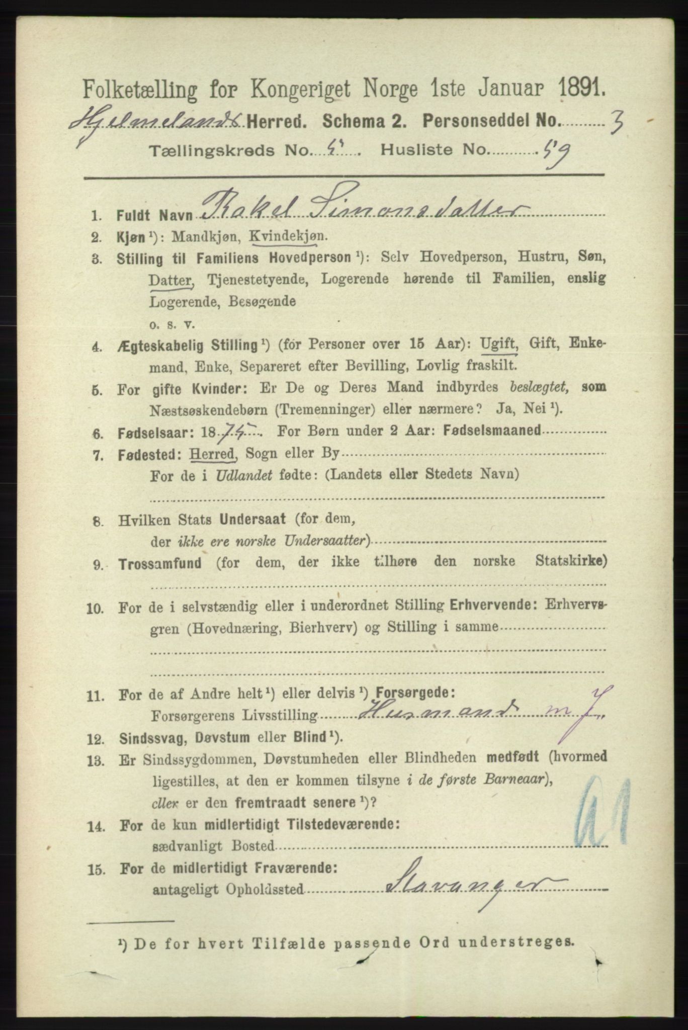 RA, 1891 census for 1133 Hjelmeland, 1891, p. 1490