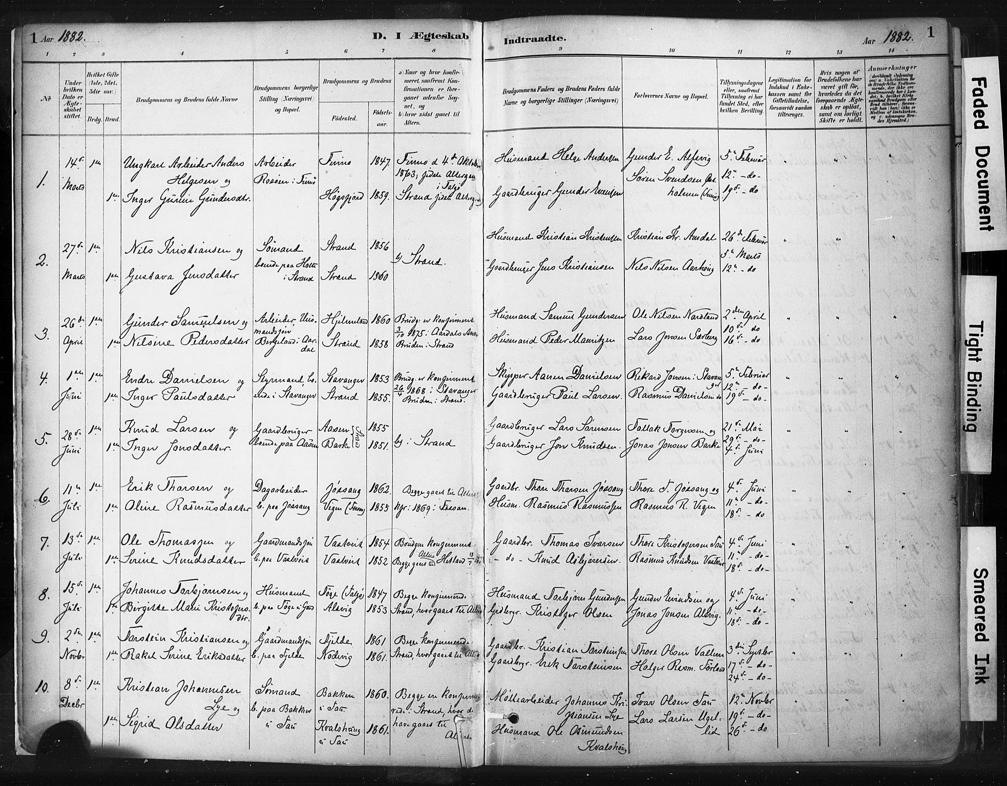 Strand sokneprestkontor, SAST/A-101828/H/Ha/Haa/L0010: Parish register (official) no. A 10, 1882-1929, p. 1