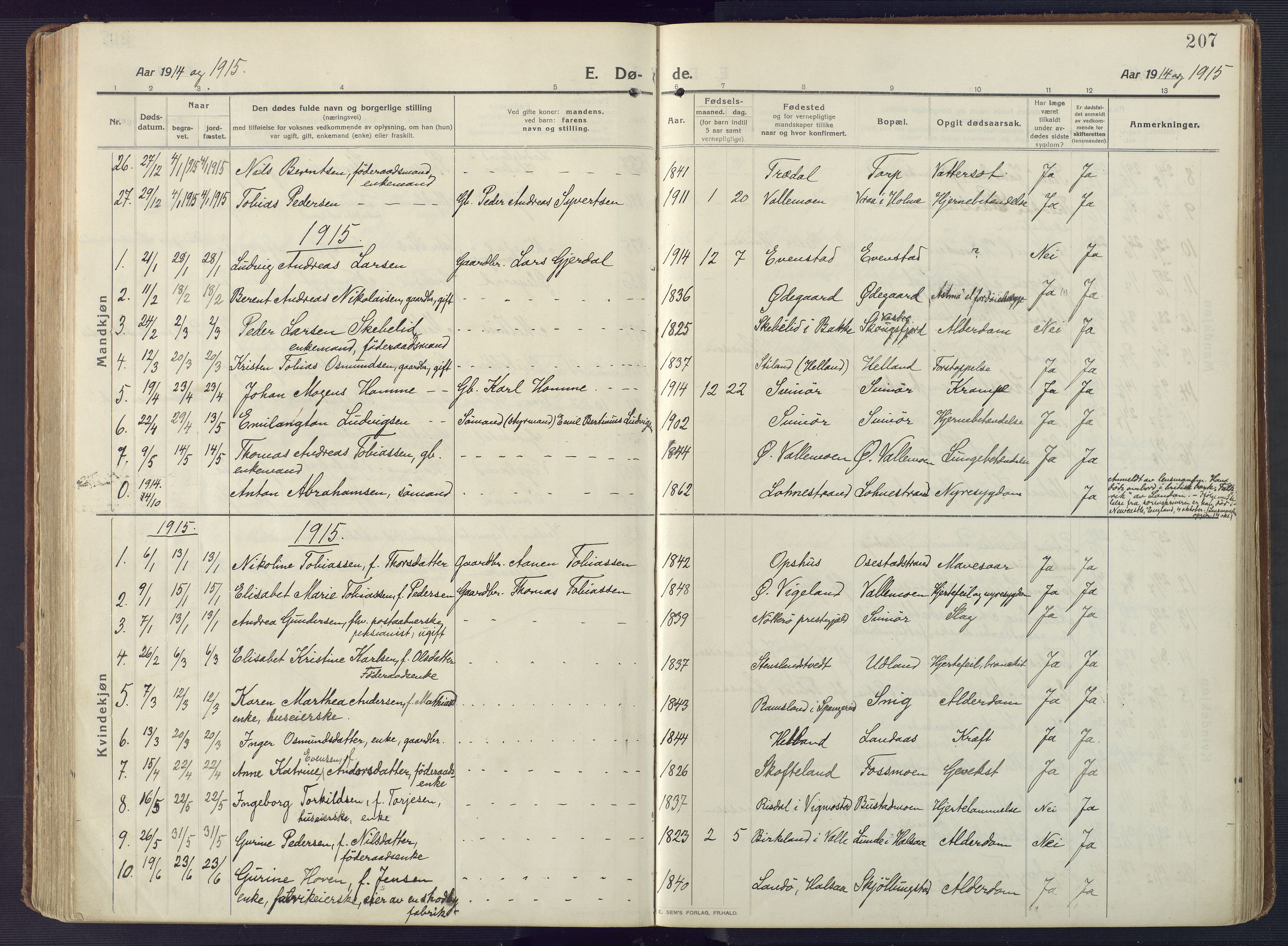 Sør-Audnedal sokneprestkontor, AV/SAK-1111-0039/F/Fa/Fab/L0011: Parish register (official) no. A 11, 1912-1938, p. 207