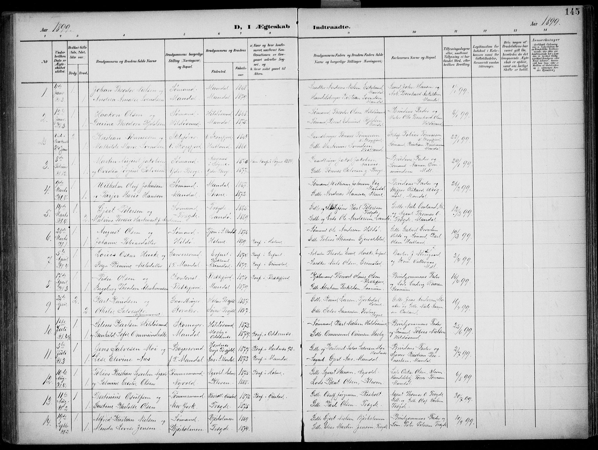 Mandal sokneprestkontor, AV/SAK-1111-0030/F/Fb/Fba/L0012: Parish register (copy) no. B 6, 1899-1918, p. 145