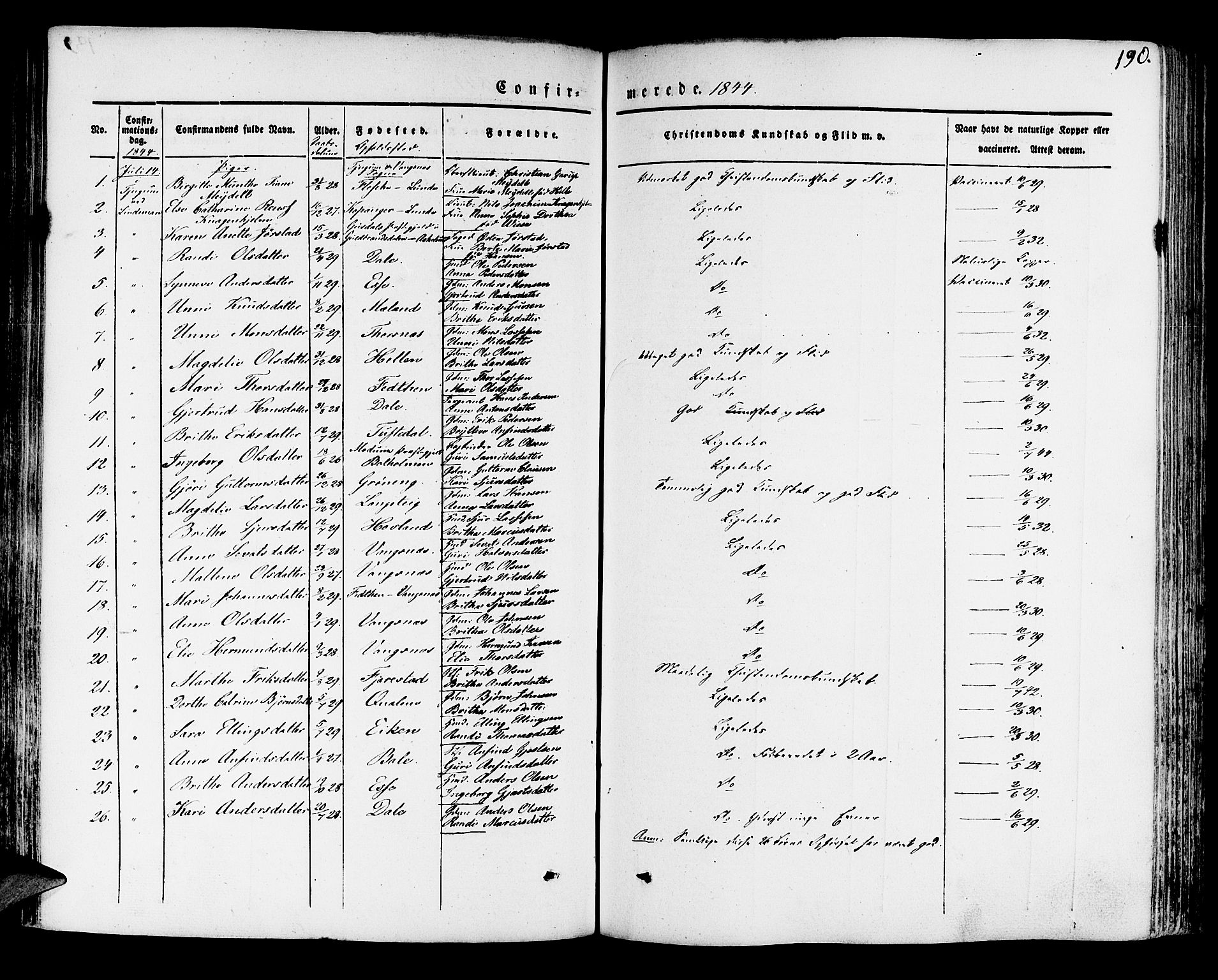 Leikanger sokneprestembete, SAB/A-81001: Parish register (official) no. A 7, 1838-1851, p. 190