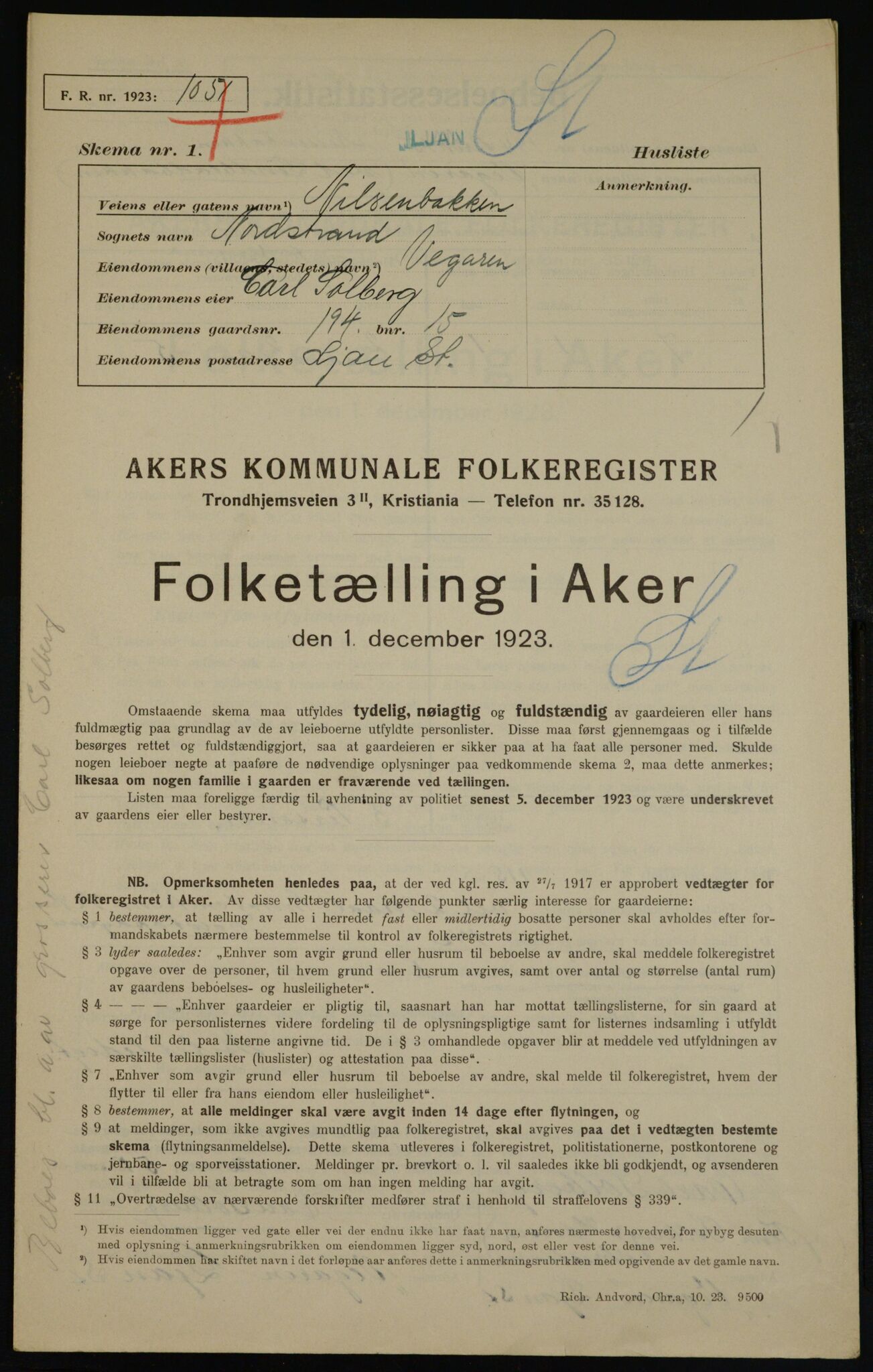 , Municipal Census 1923 for Aker, 1923, p. 42753