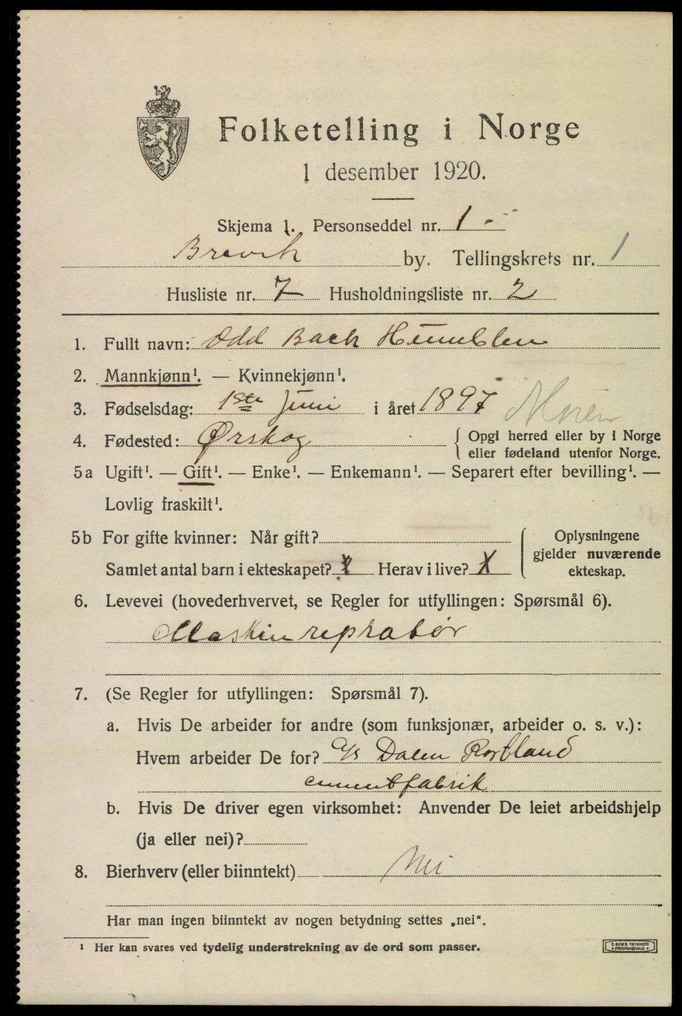 SAKO, 1920 census for Brevik, 1920, p. 2194