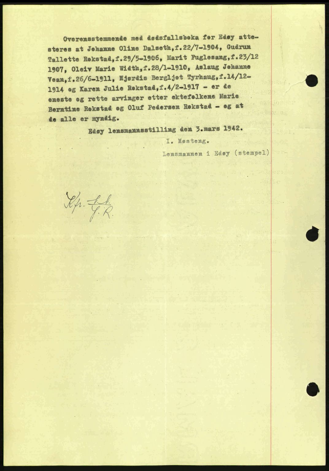 Nordmøre sorenskriveri, AV/SAT-A-4132/1/2/2Ca: Mortgage book no. A92, 1942-1942, Diary no: : 1242/1942