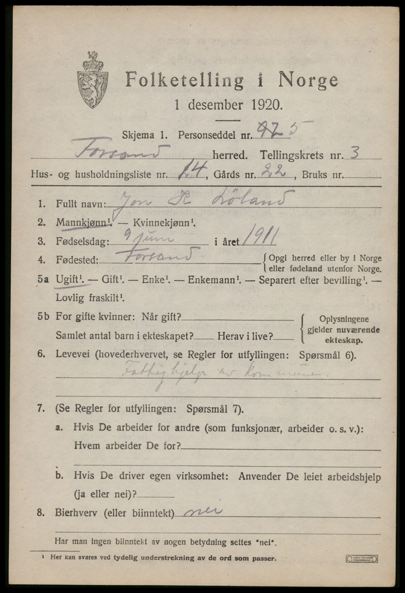 SAST, 1920 census for Forsand, 1920, p. 1615