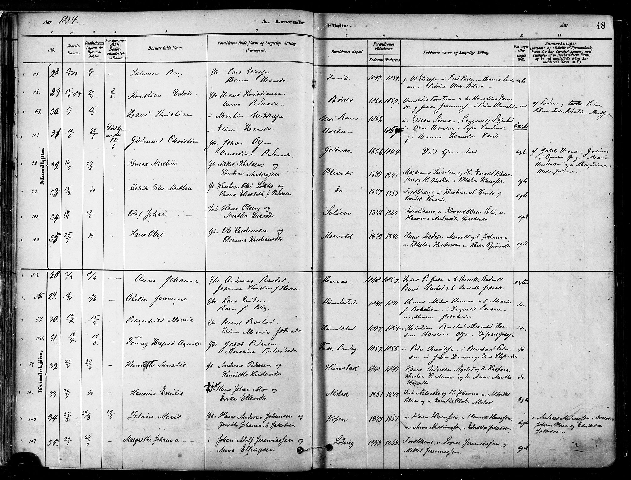 Ministerialprotokoller, klokkerbøker og fødselsregistre - Nordland, AV/SAT-A-1459/802/L0054: Parish register (official) no. 802A01, 1879-1893, p. 48