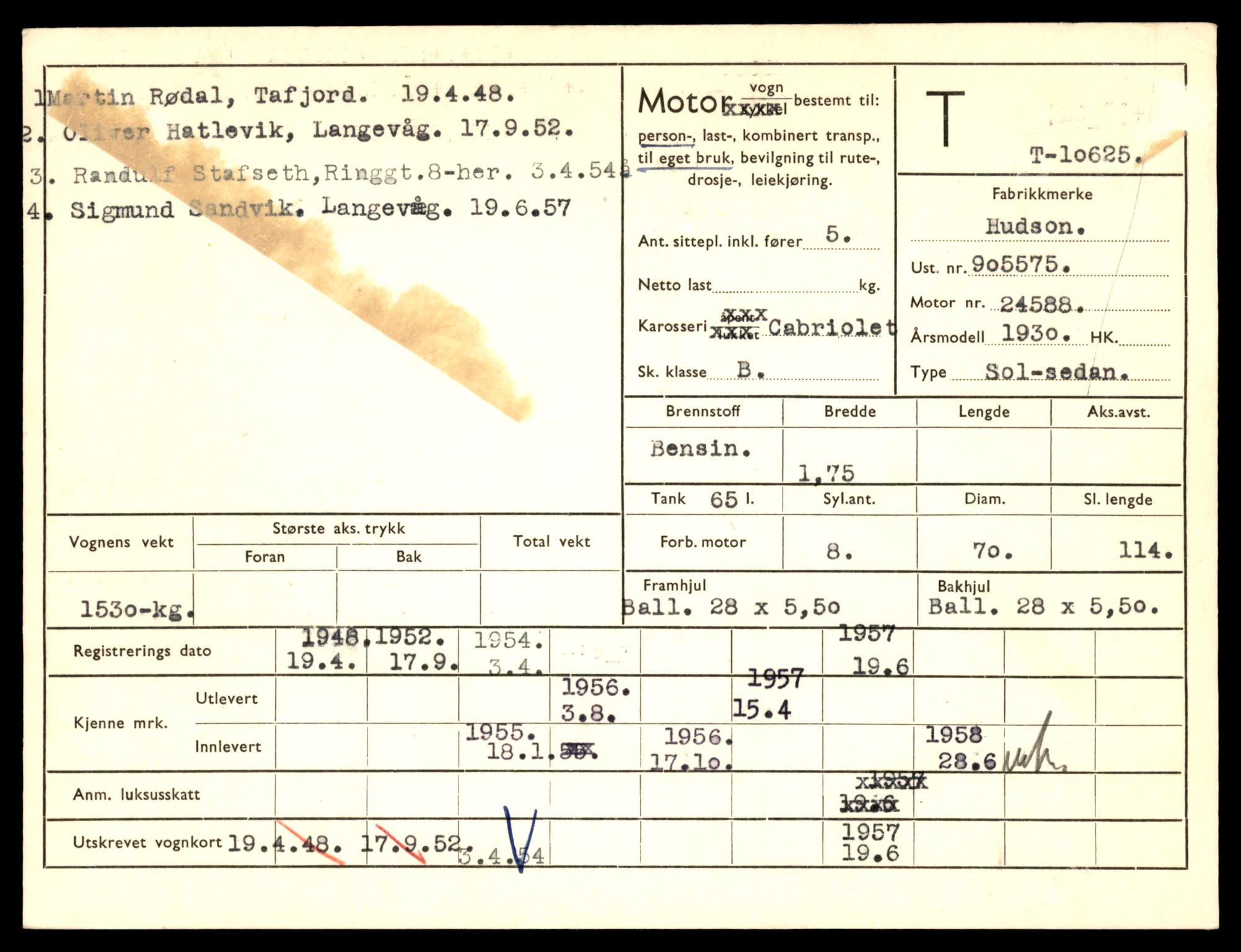Møre og Romsdal vegkontor - Ålesund trafikkstasjon, AV/SAT-A-4099/F/Fe/L0022: Registreringskort for kjøretøy T 10584 - T 10694, 1927-1998, p. 1295