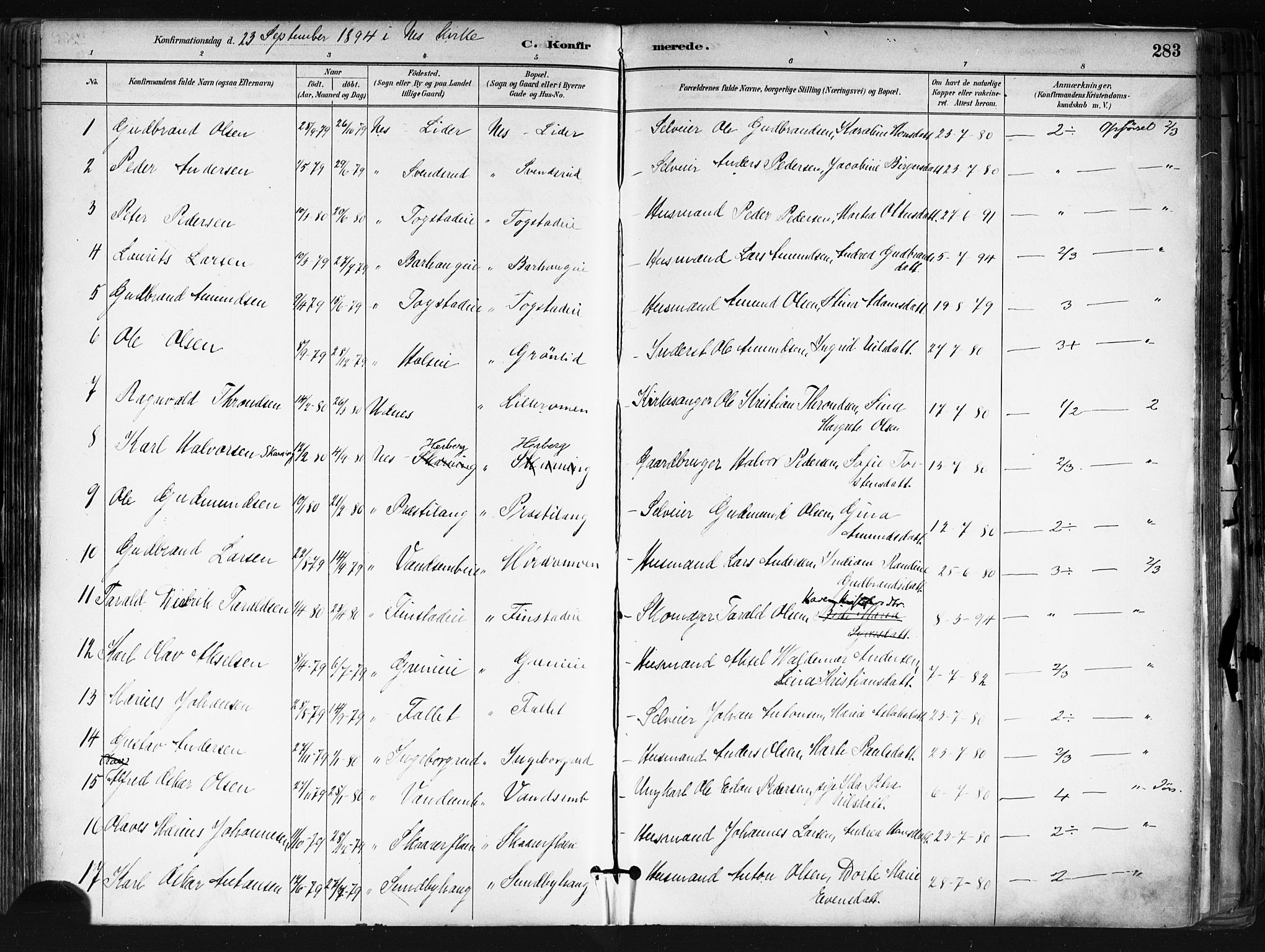 Nes prestekontor Kirkebøker, SAO/A-10410/F/Fa/L0010: Parish register (official) no. I 10, 1883-1898, p. 283