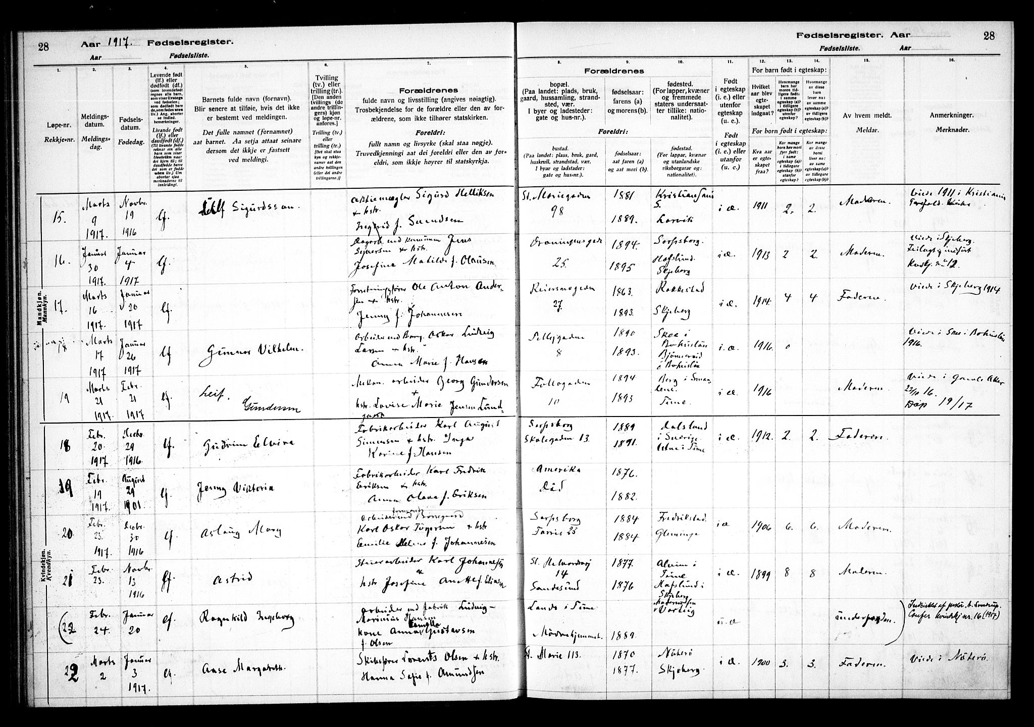 Sarpsborg prestekontor Kirkebøker, SAO/A-2006/J/Ja/L0001: Birth register no. 1, 1916-1922, p. 28