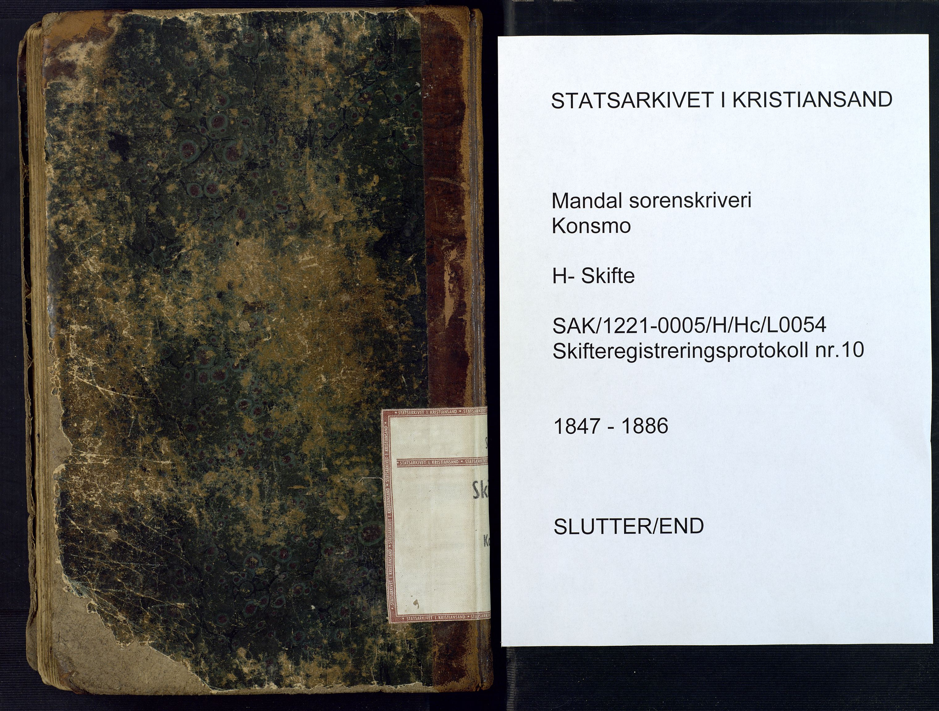 Mandal sorenskriveri, AV/SAK-1221-0005/001/H/Hc/L0054: Skifteregistreringsprotokoll nr 10 Konsmo og Vigmostad, 1847-1886