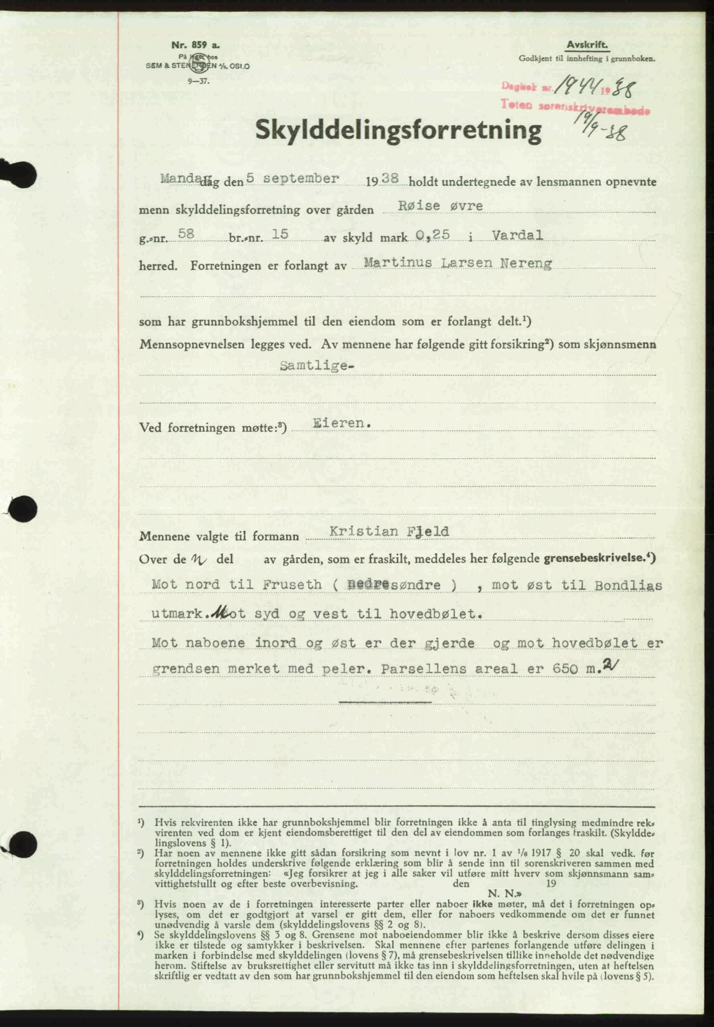 Toten tingrett, SAH/TING-006/H/Hb/Hbc/L0004: Mortgage book no. Hbc-04, 1938-1938, Diary no: : 1944/1938