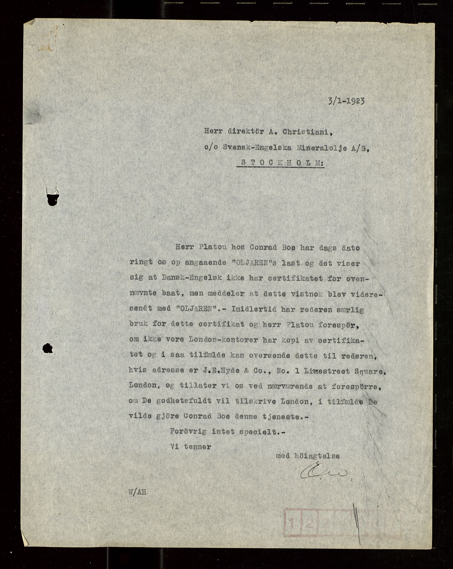 Pa 1521 - A/S Norske Shell, AV/SAST-A-101915/E/Ea/Eaa/L0021: Sjefskorrespondanse, 1918, p. 98