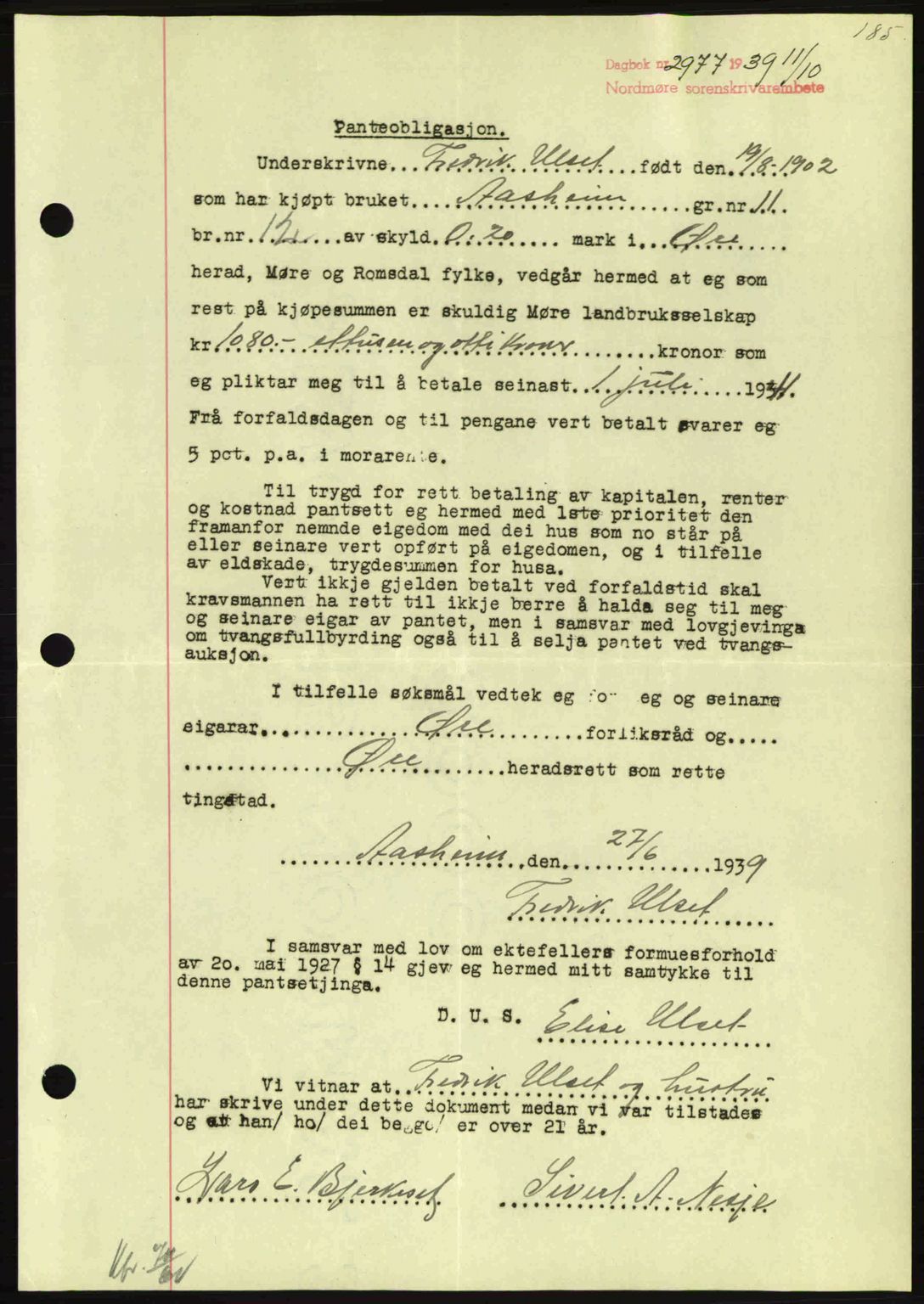 Nordmøre sorenskriveri, AV/SAT-A-4132/1/2/2Ca: Mortgage book no. B86, 1939-1940, Diary no: : 2977/1939