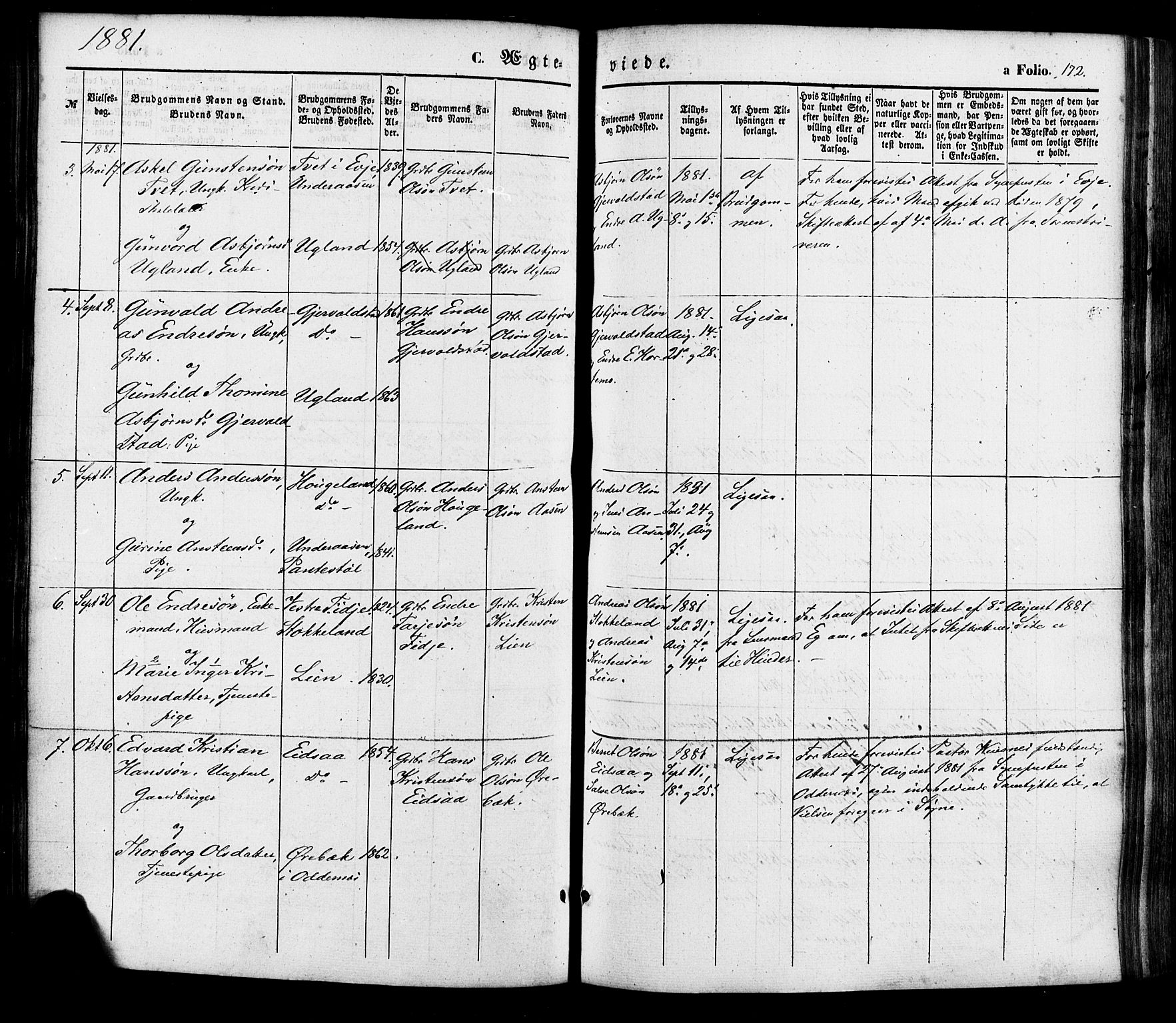 Søgne sokneprestkontor, SAK/1111-0037/F/Fa/Faa/L0002: Parish register (official) no. A 2, 1854-1882, p. 172