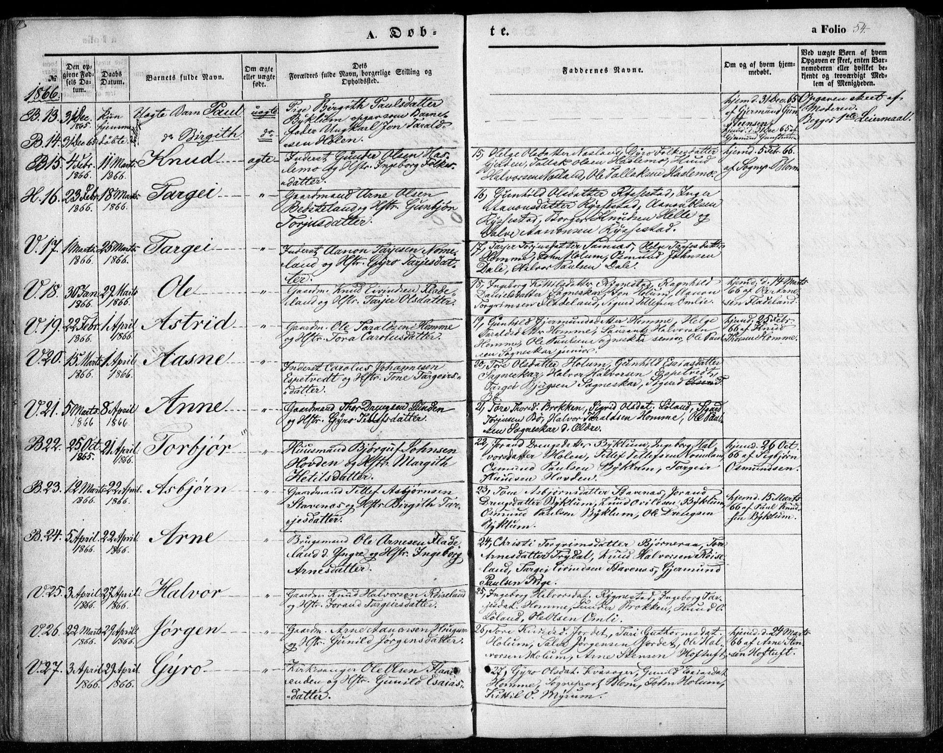 Valle sokneprestkontor, AV/SAK-1111-0044/F/Fa/Fac/L0007: Parish register (official) no. A 7, 1854-1868, p. 54