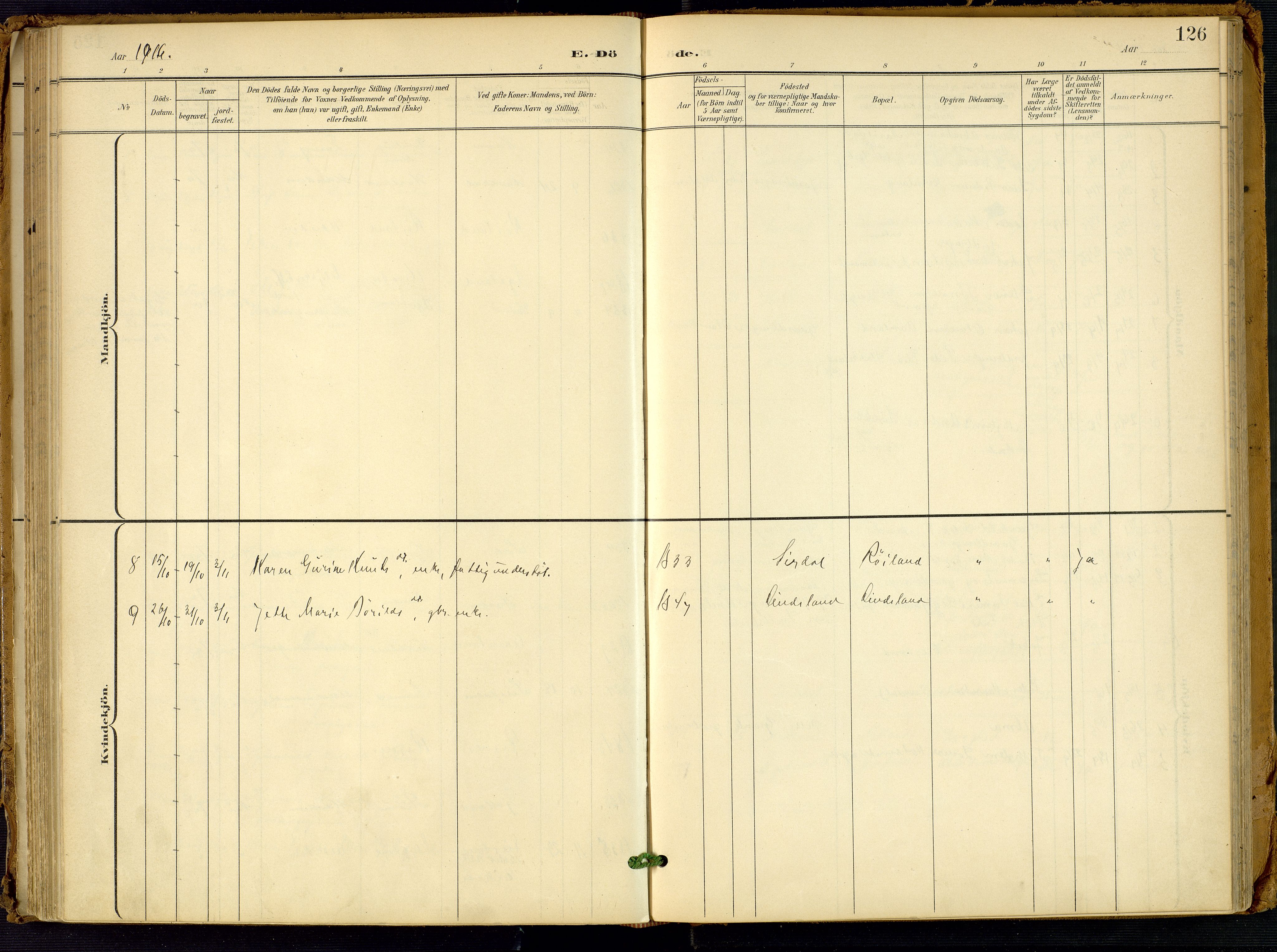 Fjotland sokneprestkontor, SAK/1111-0010/F/Fa/L0003: Parish register (official) no. A 3, 1899-1917, p. 126