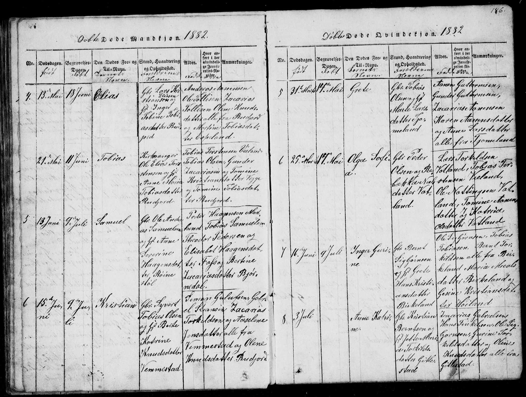 Lyngdal sokneprestkontor, AV/SAK-1111-0029/F/Fb/Fbb/L0001: Parish register (copy) no. B 1, 1816-1900, p. 186