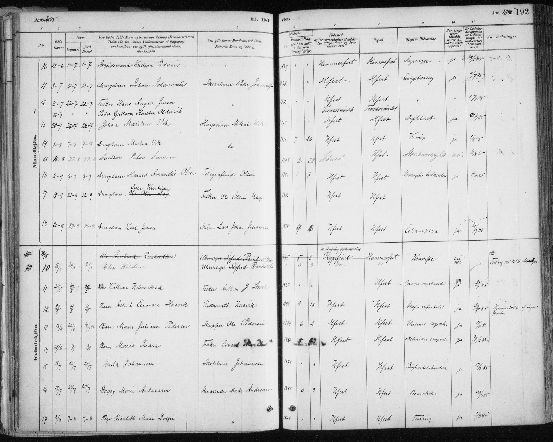 Hammerfest sokneprestkontor, AV/SATØ-S-1347/H/Ha/L0008.kirke: Parish register (official) no. 8, 1878-1889, p. 192