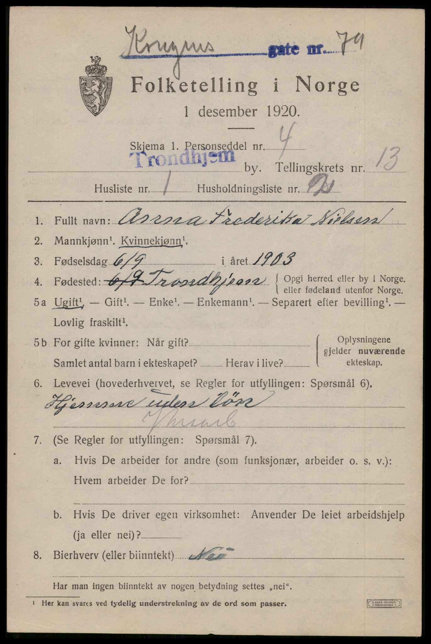 SAT, 1920 census for Trondheim, 1920, p. 49440