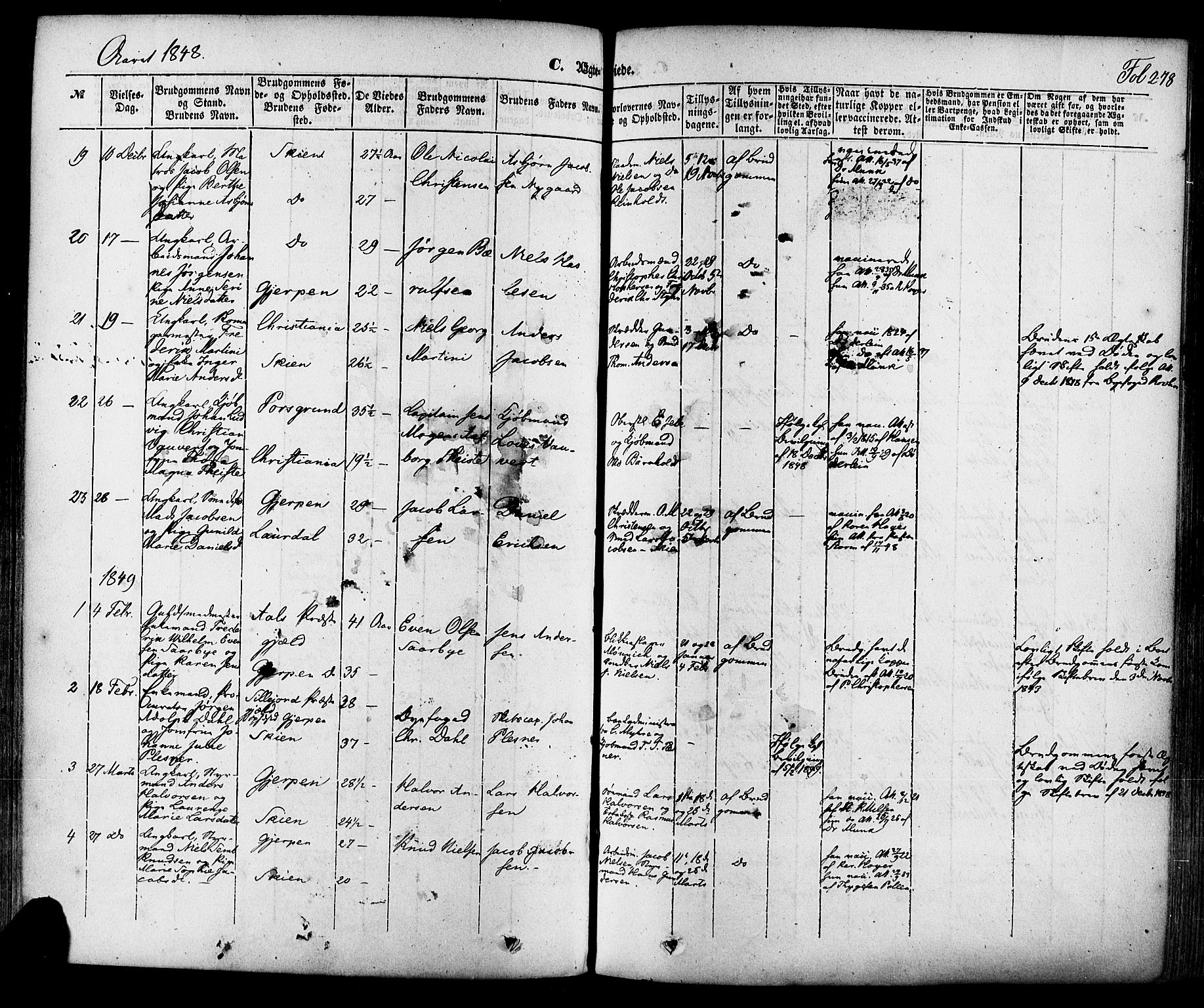 Skien kirkebøker, AV/SAKO-A-302/F/Fa/L0006a: Parish register (official) no. 6A, 1843-1856, p. 278