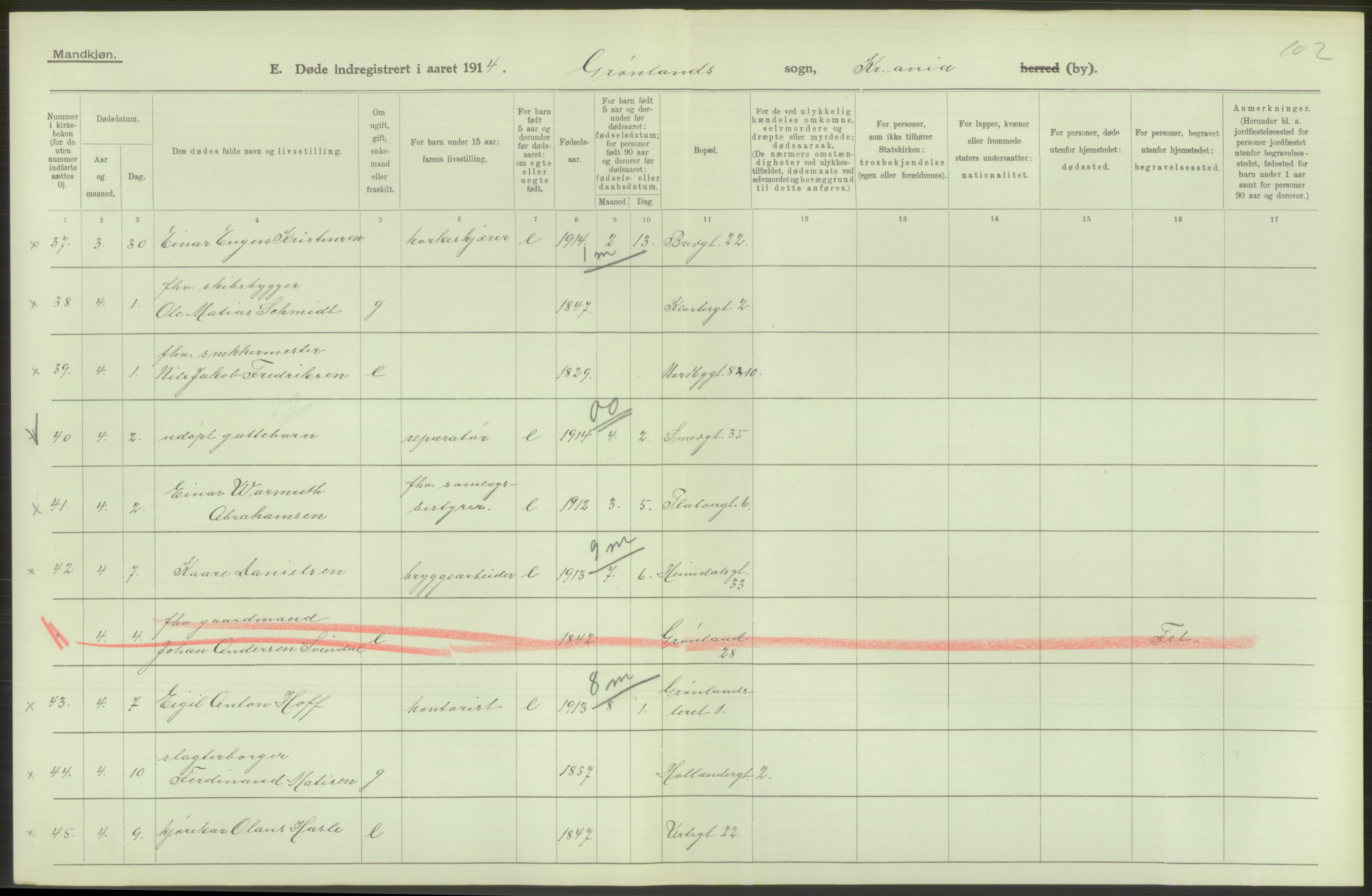 Statistisk sentralbyrå, Sosiodemografiske emner, Befolkning, AV/RA-S-2228/D/Df/Dfb/Dfbd/L0008: Kristiania: Døde, 1914, p. 506