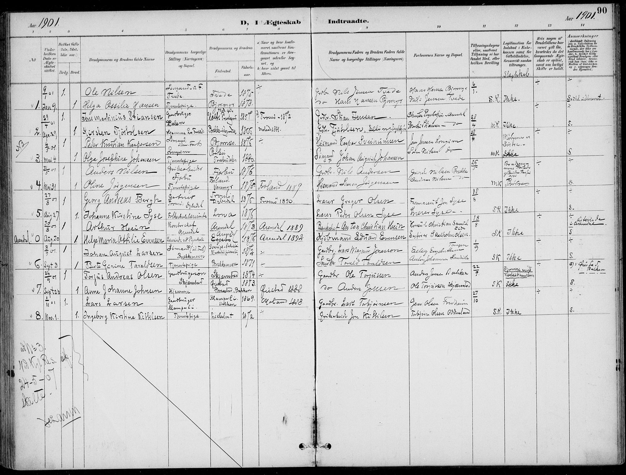 Austre Moland sokneprestkontor, SAK/1111-0001/F/Fa/Faa/L0011: Parish register (official) no. A 11, 1894-1915, p. 90