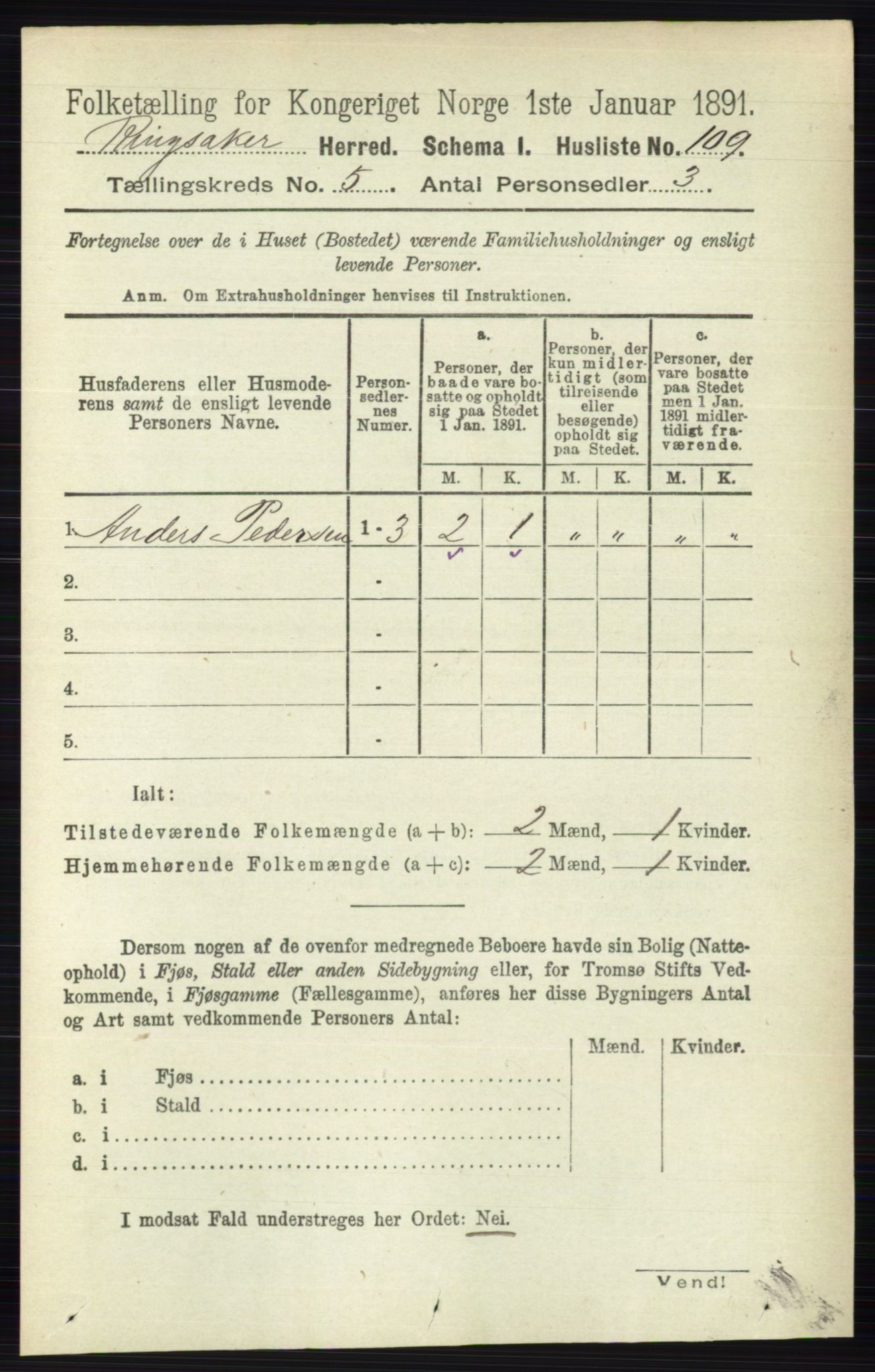 RA, 1891 census for 0412 Ringsaker, 1891, p. 2404