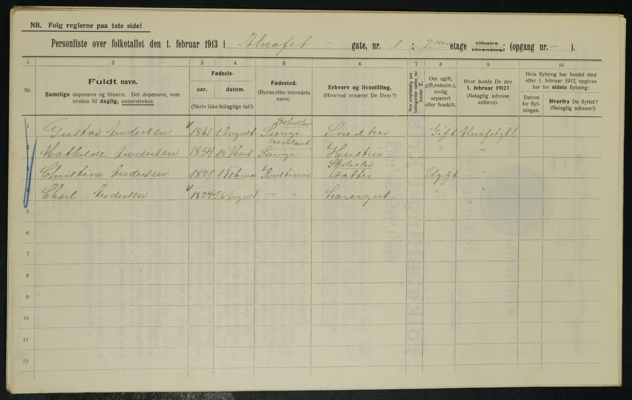 OBA, Municipal Census 1913 for Kristiania, 1913, p. 1054