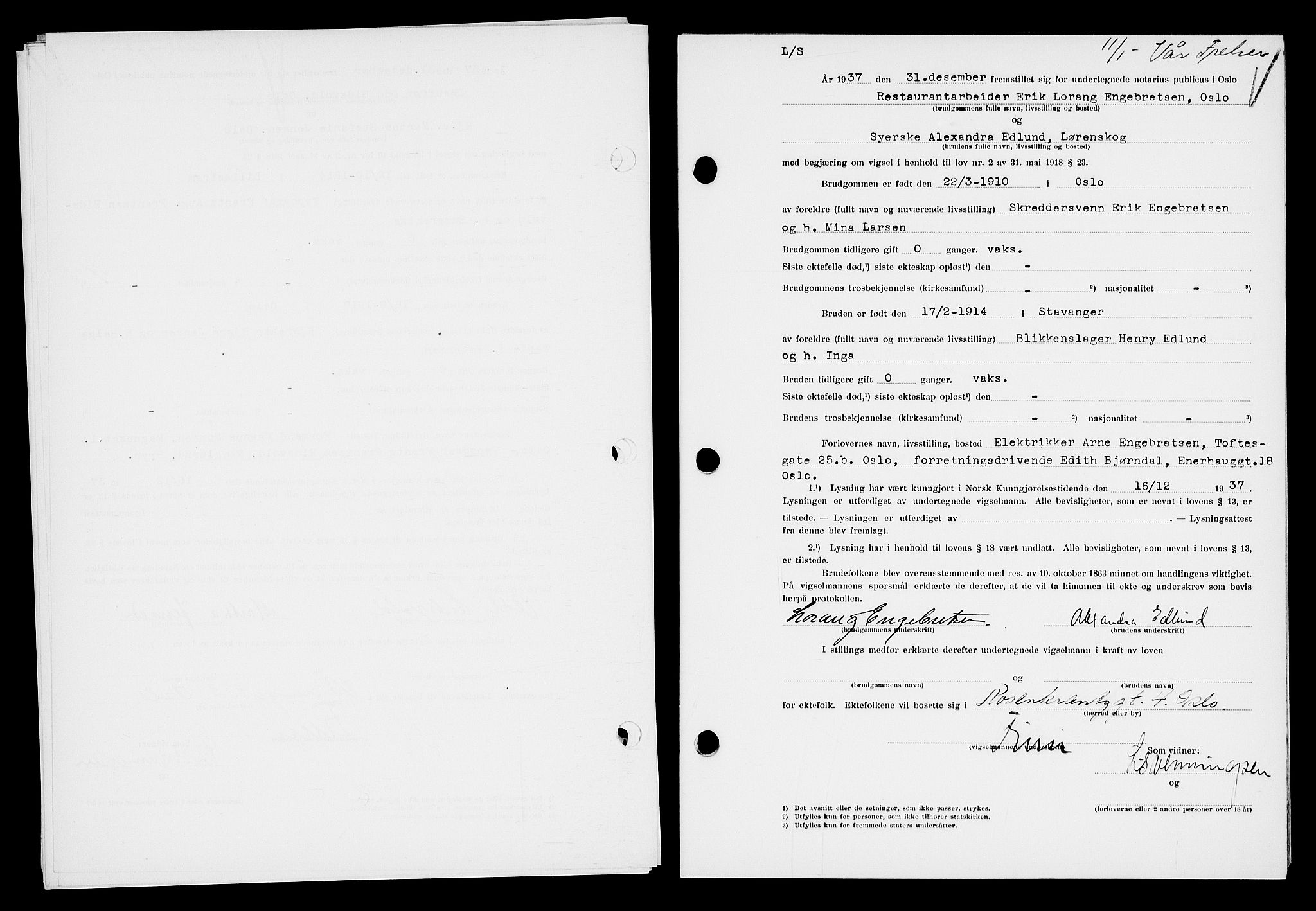 Oslo byfogd avd. I, SAO/A-10220/L/Lb/Lbb/L0029: Notarialprotokoll, rekke II: Vigsler, 1937-1938