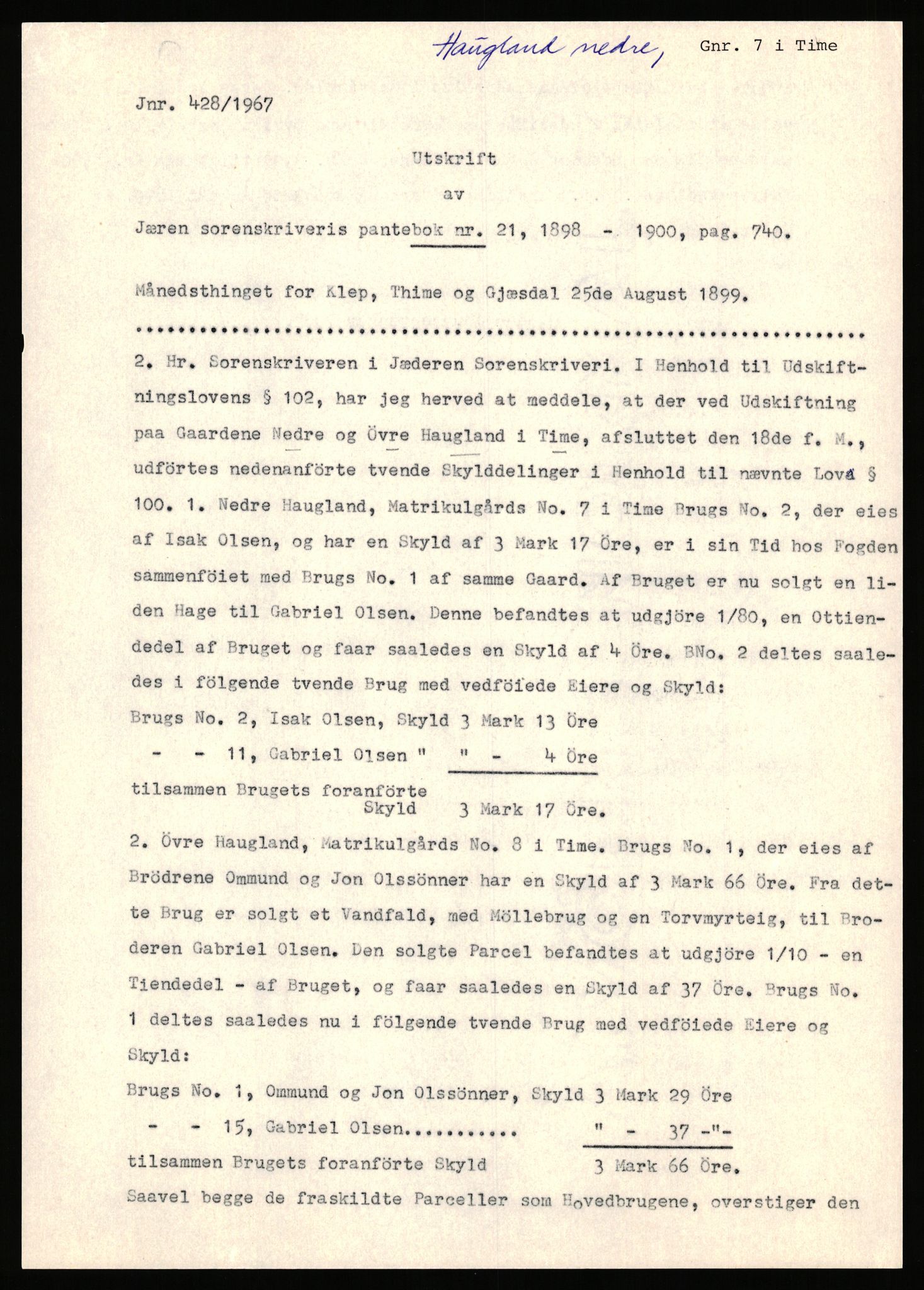 Statsarkivet i Stavanger, AV/SAST-A-101971/03/Y/Yj/L0032: Avskrifter sortert etter gårdsnavn: Hauge øvre - Hausken, 1750-1930, p. 329